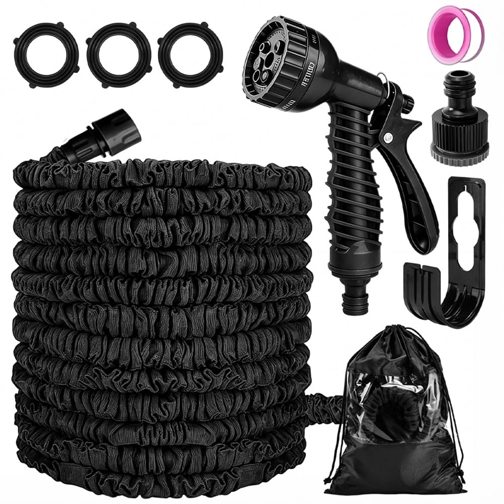 Garden Hose, Expandable Hose Pipe with 7 Modes Spray Gun, 3 Times Flexible Expanding Garden Hose Pipe, Anti-Leakage Water Hose Pipe with Connectors for Gardening, Patio, Car Washing (Black, 75FT)