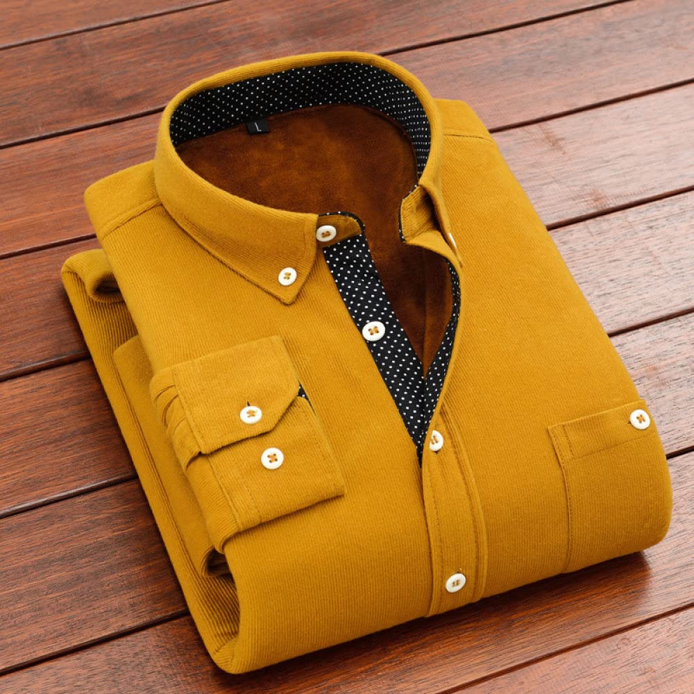HGJH Herren Flanellhemd Langarmherren Langarm Cordhemd Henry Hemd Jacke Gelb Thermohemd Futter Großvater Hemd Revers Knöpfe Bequemes Freizeithemd Für Männer Jungen