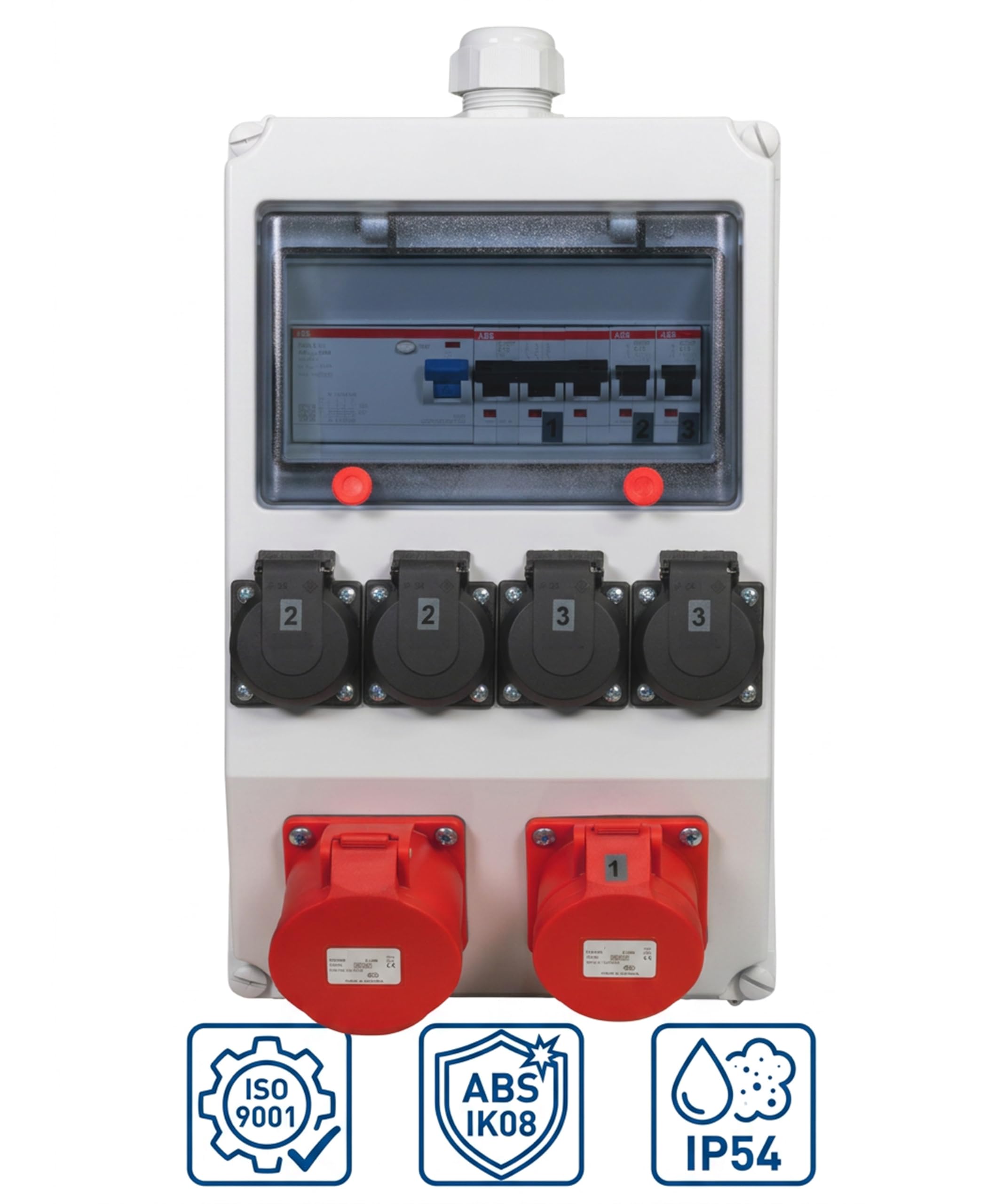 JÄGER Votha Wolfsburg - Distribuidor de pared, caja de distribución de pared (montaje en superficie, con cable ABB FI & LS, 2 x CEE 16 A/32 A 400 V, 4 x enchufes de 16 A 230 V, VOTHA Wolfsburg