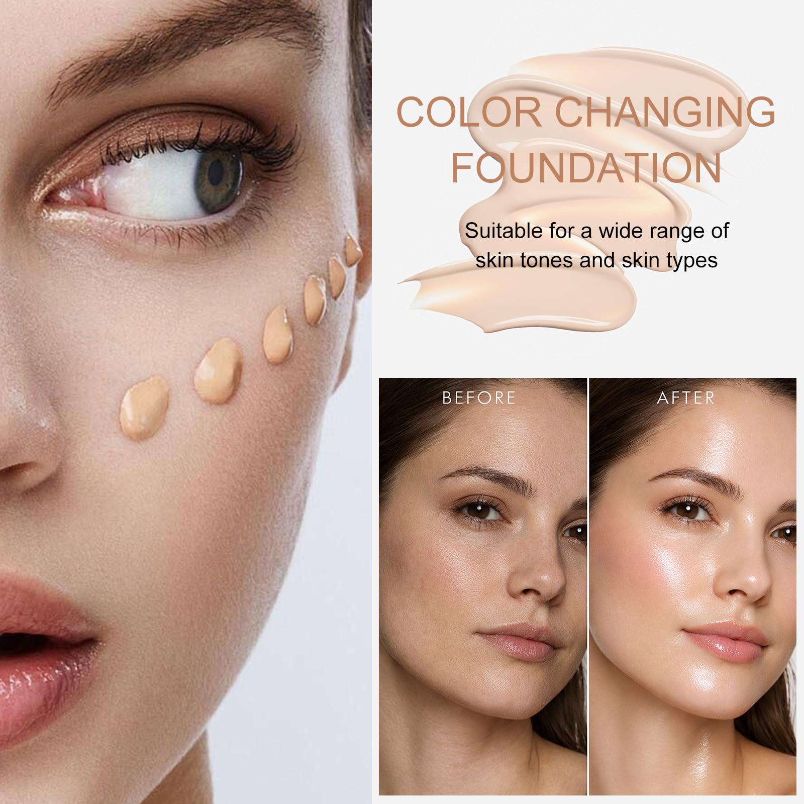 Base De Maquillaje Que Cambia De Color SPF 50+ Base Que Cambia de Color Antiedad Hidratante Larga Duración y Resistente al Agua