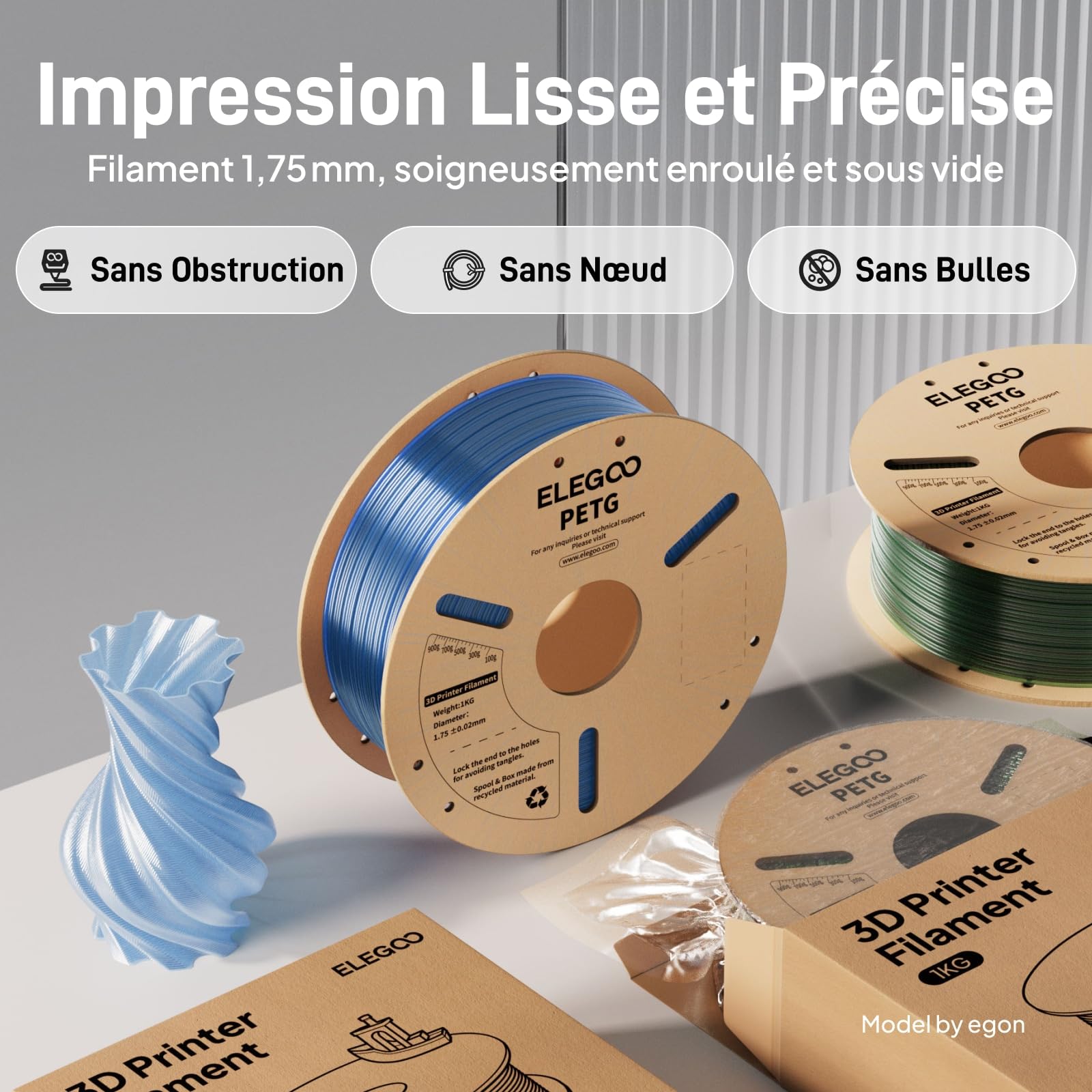 ELEGOO Filament PLA Glow Vert 1KG & PETG Translucide Bleu 1KG