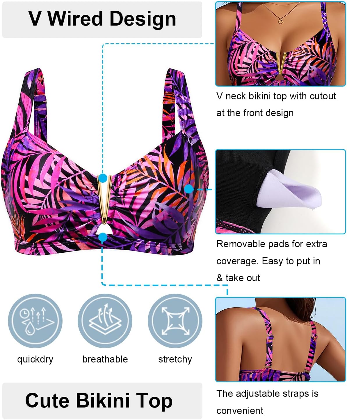 V Wired Bikini Top Only - Vintage Swim Top Padded Bra Swimsuits