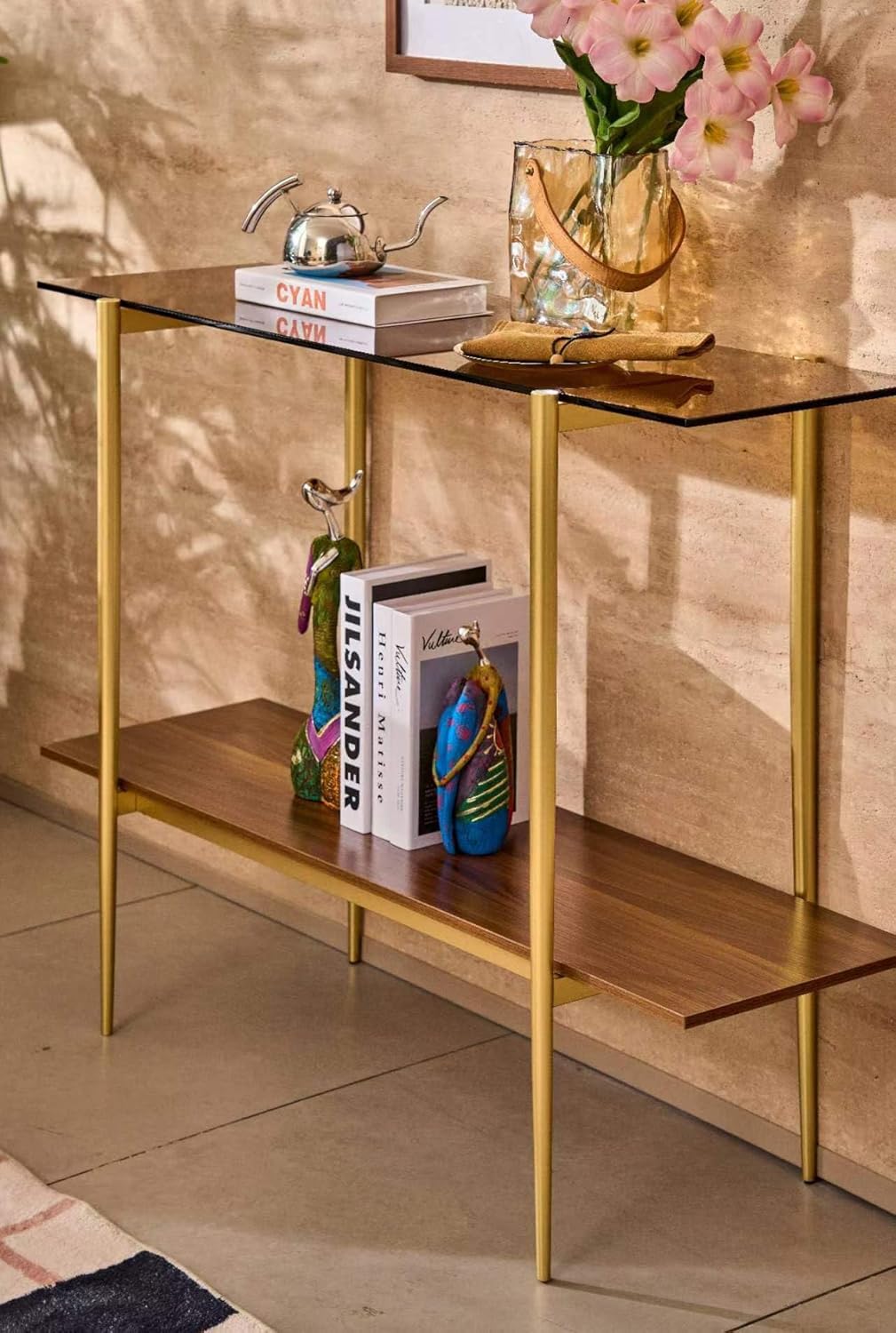 Glass Console Table for Living Room, Foyer & Entrance, 2-Tiers Mid-Century Modern Sofa Table with Amber Glass Top, 41" D x 14" W x 31.5" H, Walnut Finish Wood Shelf and Gold Finish Frame