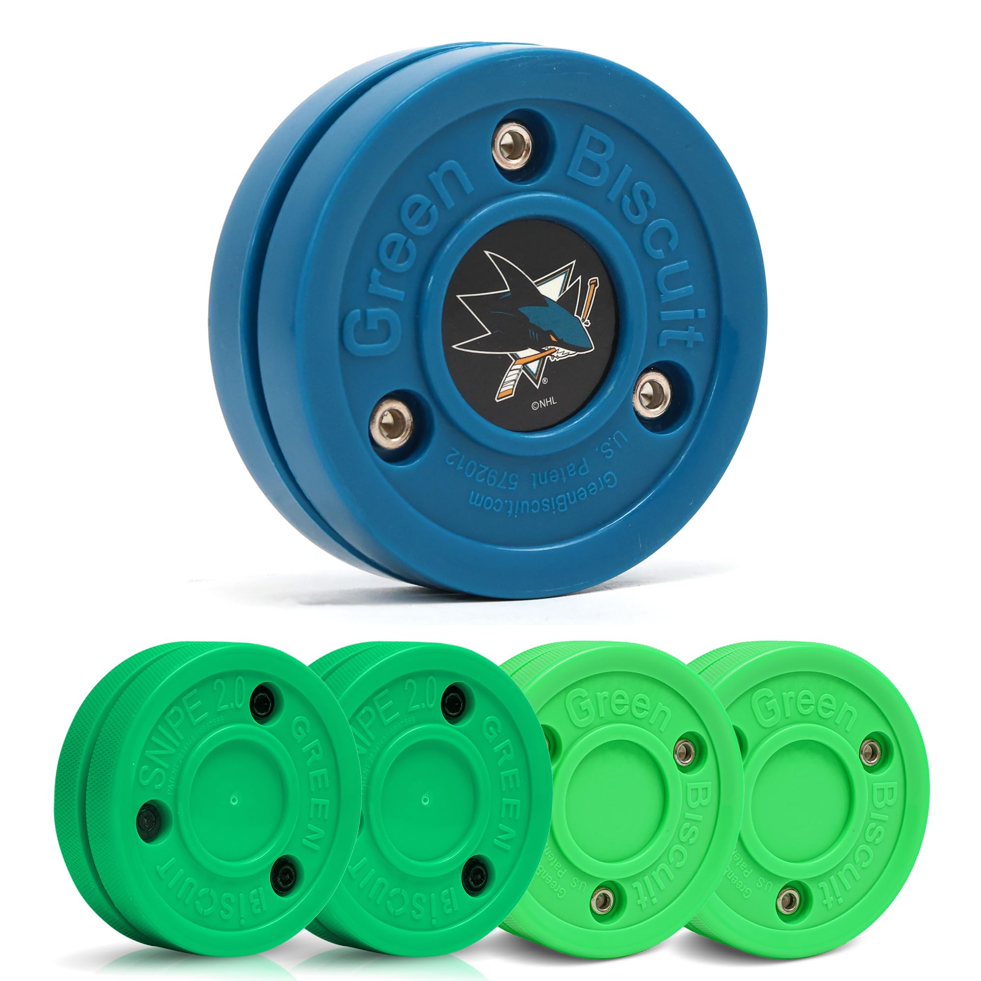 Green Biscuit 4-Pack Off Ice Hockey Pucks - 2 Original Passer and 2 Snipe New 2.0 Puck, Street Hockey Puck for Passing, Stickhandling and Shooting,