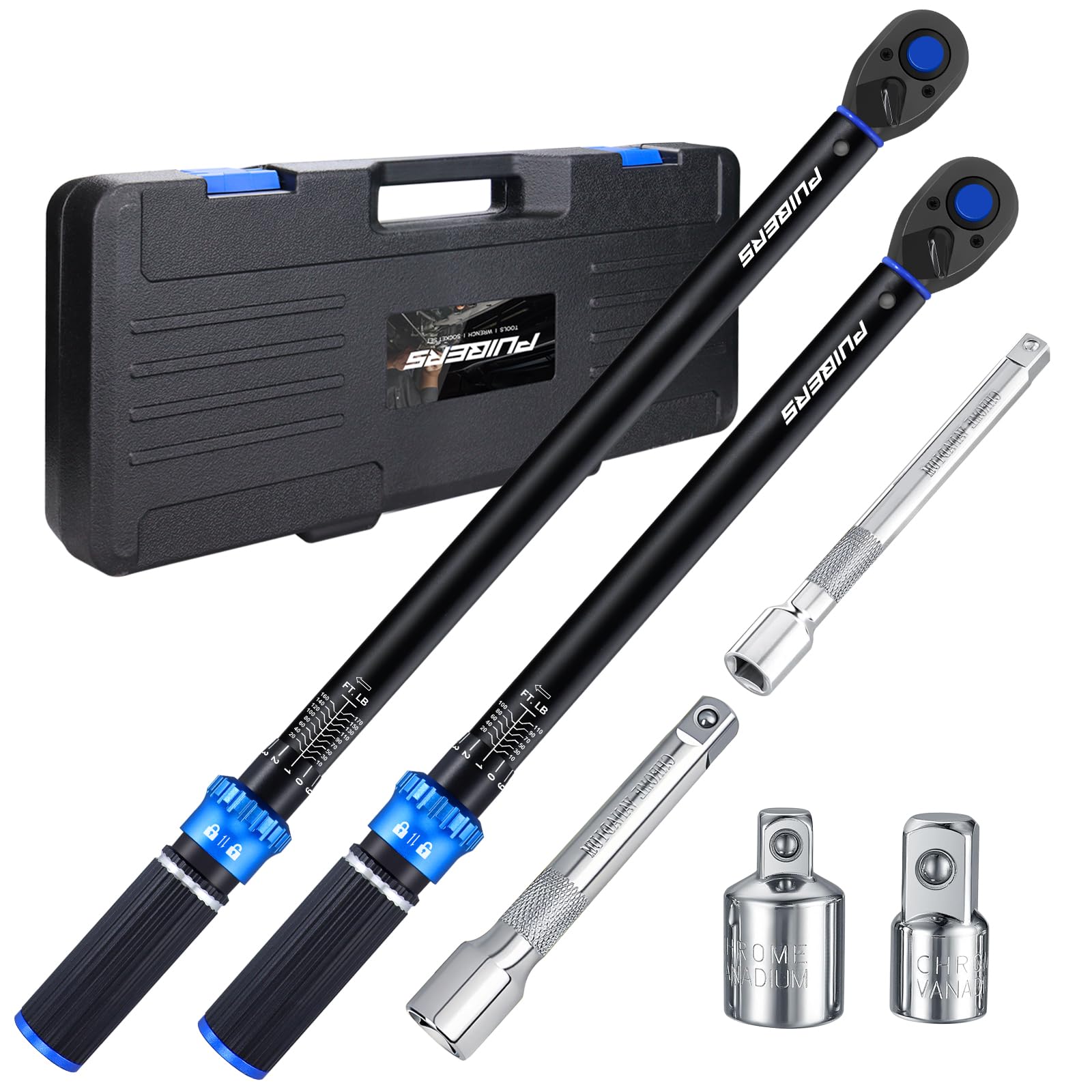 1/2 3/8 inch Drive Click Torque Wrench Set,2 Pcs Torque Wrenches 10-170 FT.LB/13.6-230.5Nm,10-110 FT.LB/13.6-149.2Nm,±3% High Accuracy Torquimetro for Bike, Moto and Car Repair