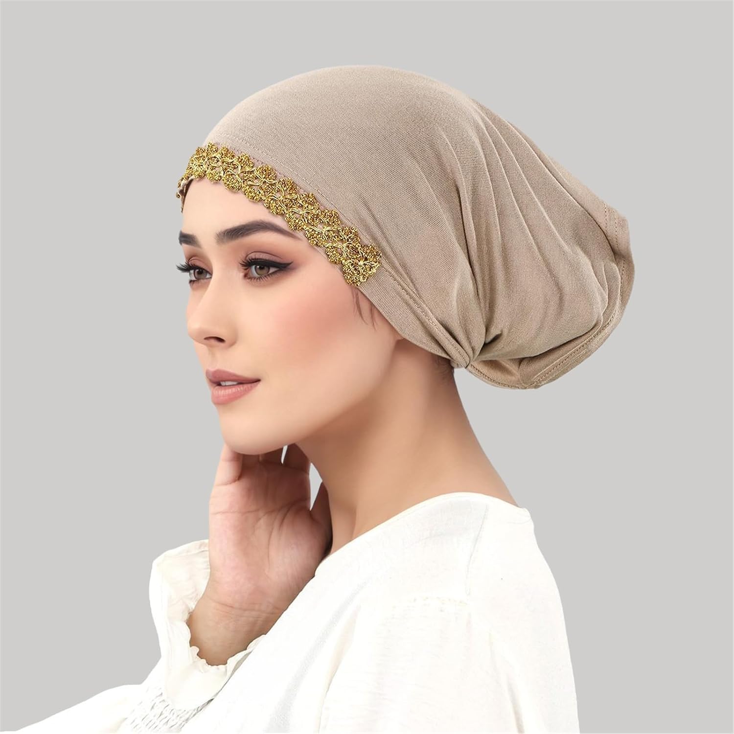 Multiuse Prayer Hijab Hat with Lace Decoration Comfortable Turban for Women Turban for Women