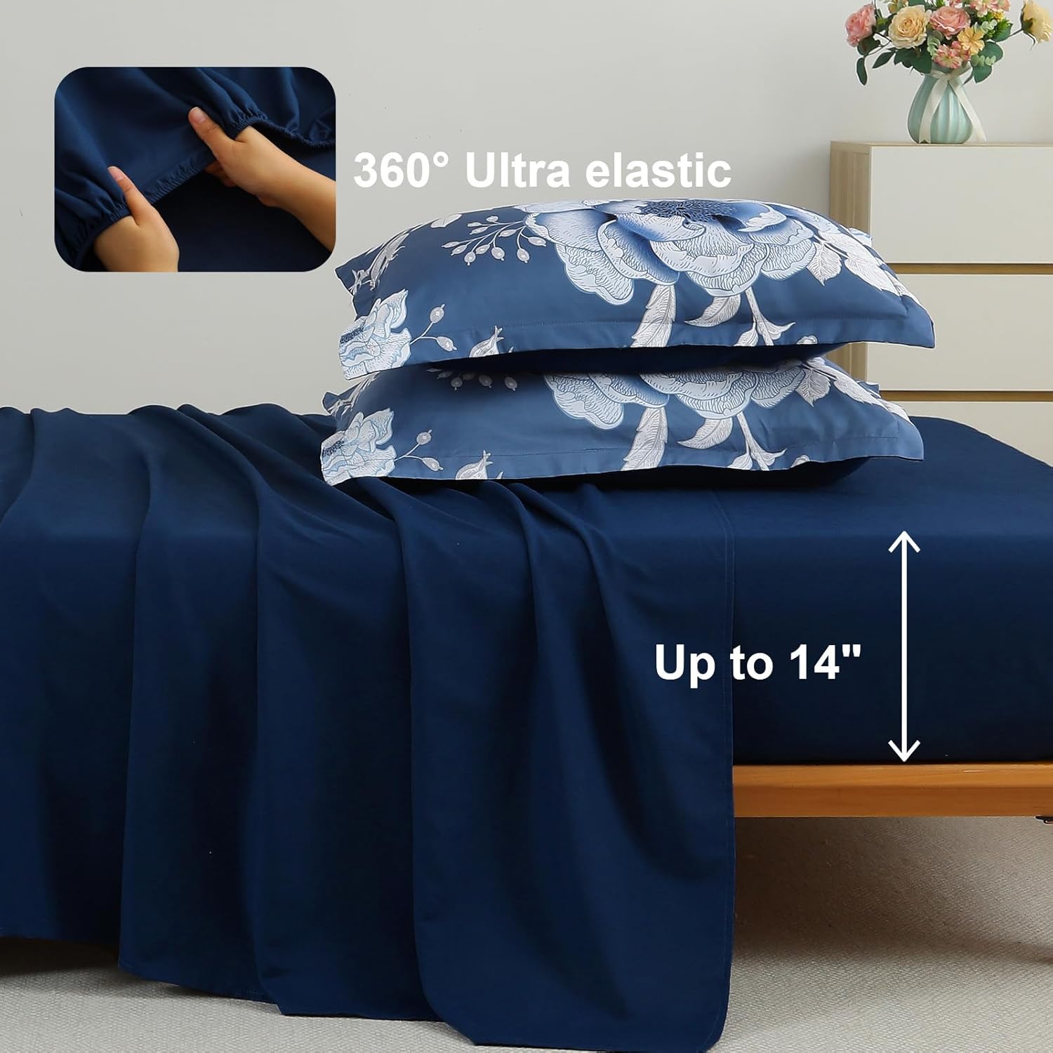 Luxudecor Floral Comforter Set King Size 7 Pieces Bed in a Bag,Flower Print on Blue Bedding Set,Soft Microfiber Bedding Set for All Season (Blue,104"x90") - Image 4