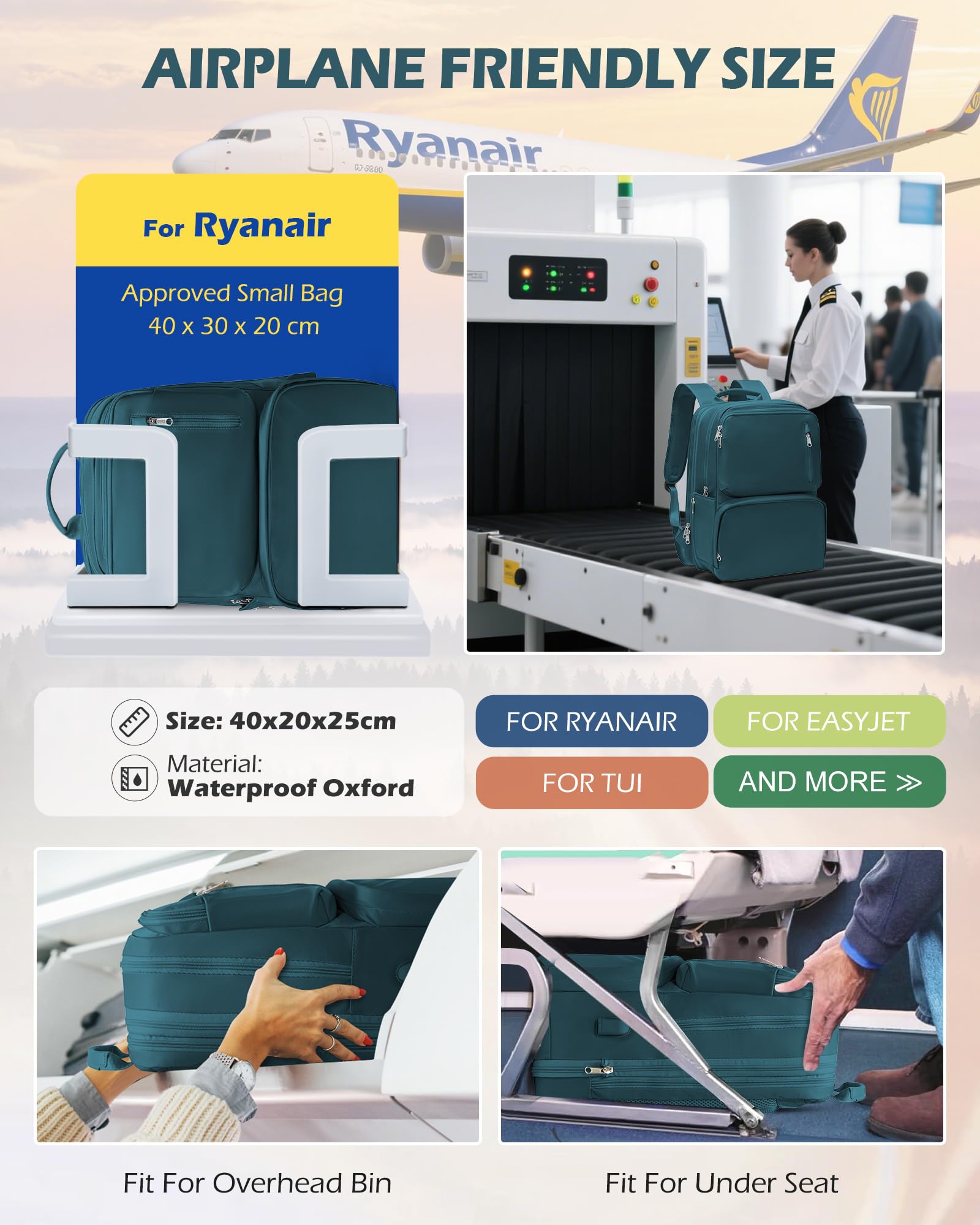 SZLX Zaino Ryanair 40x30x20 Sottovuoto Zaino da Viaggio 40x20x25 Ryanair Wizzair Donna da escursionismo impermeabile Zaino Casual Laptop da 14 Pollici con porta di ricarica USB Scomparto per Scarpe