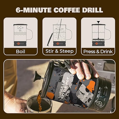 Miniatura 6 de Cafetera eléctrica de prensa francesa, 120 V hervir agua y café de prensa 2 en 1, diseño portátil para campamento, viajes, listo para preparación de