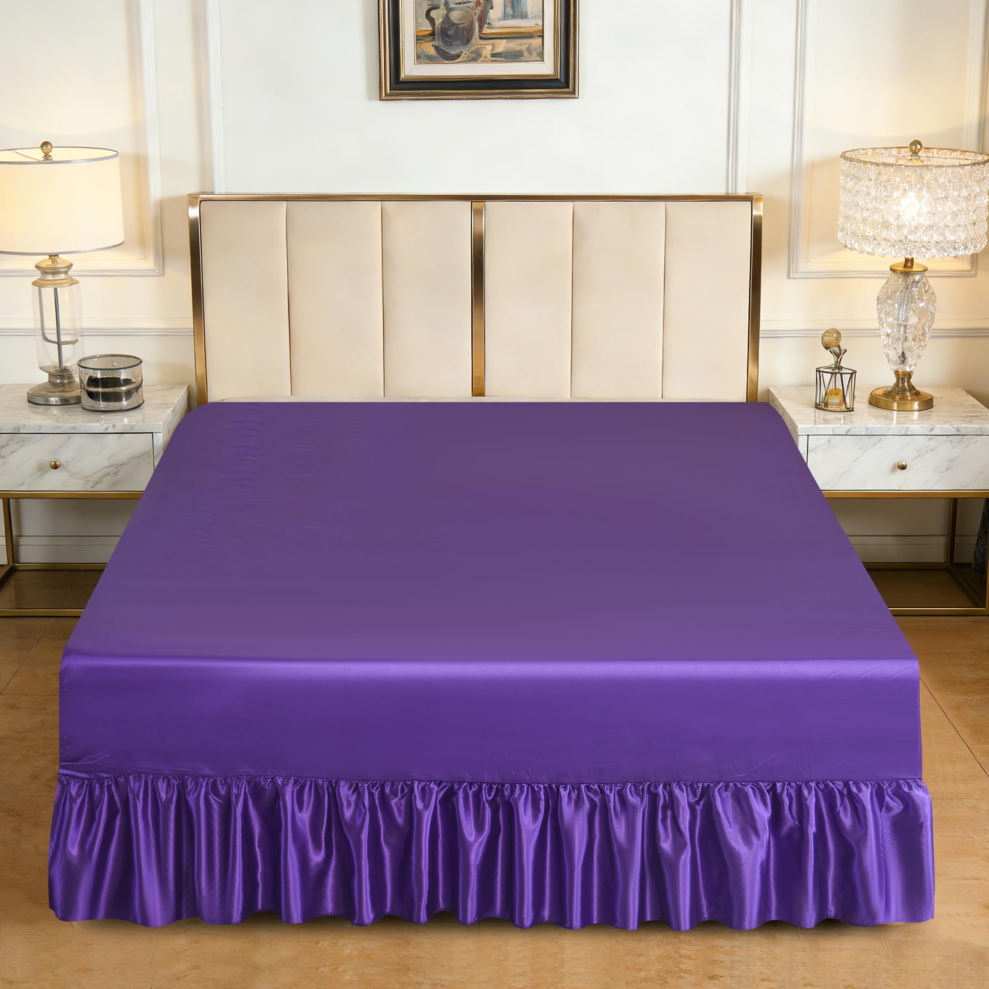 Satin Valance Sheet for Divan Base – Smooth Luxury Satin Fitted Sheet with 30cm Box & Bed Skirt with 35cm Drop Soft Easy Care Silky Bedding for UK Beds (Aubergine, King)