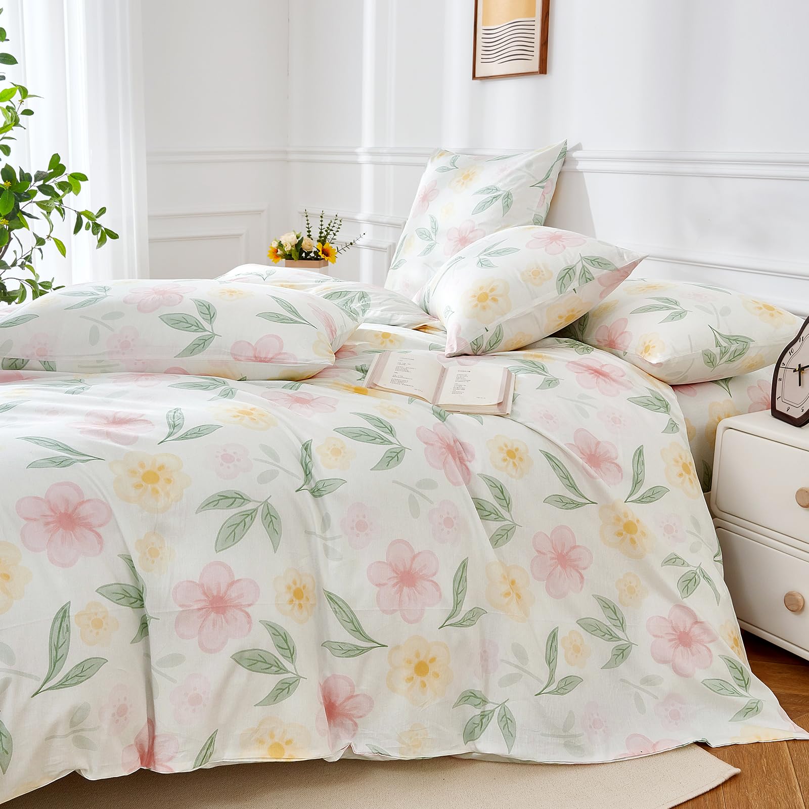 Blumen Muster Bettwäsche 135x200 Baumwolle Rosa Gelb Blumenmuster Baumwolle weich kuschelig atmungsaktiv 2 teilig für Mädchen mit Reißverschluss und Kissenbezug 80x80 cm