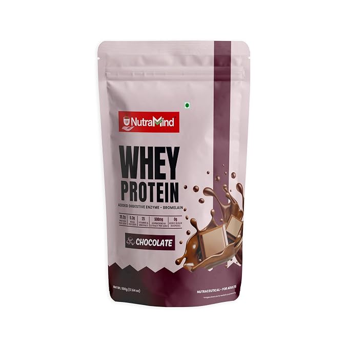 Saipro NutraMind Whey Protein Powder, Rich Chocolate, 500 gm, 25.2 gm Protein Per Scoop, With Ashwagandha, Multivitamins & BCAA