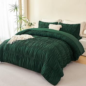 PERFEMET Queen Size Comforter Set Emerald Green 5 Pieces Solid Fluffy Ruched Bedding with Sheet Set Luxury Soft Pleated Texture Bed in a Bag All Season Boho Farmhouse Ruffle Bed Sets, 90"x90"