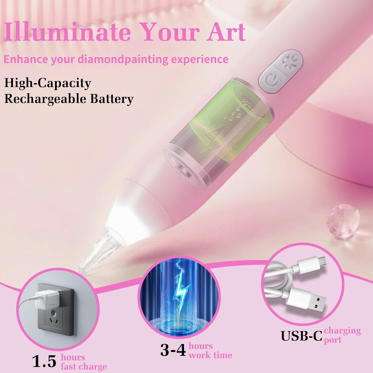 Wewod Electric Diamond Painting Pen, Rechargeable Cordless Vacuum Diamond Art Pen, 3 Brightness & Suction Levels, LED Display, No Wax Needed, Extra Tips Included for Diamond Art Kits for Adults -Pink