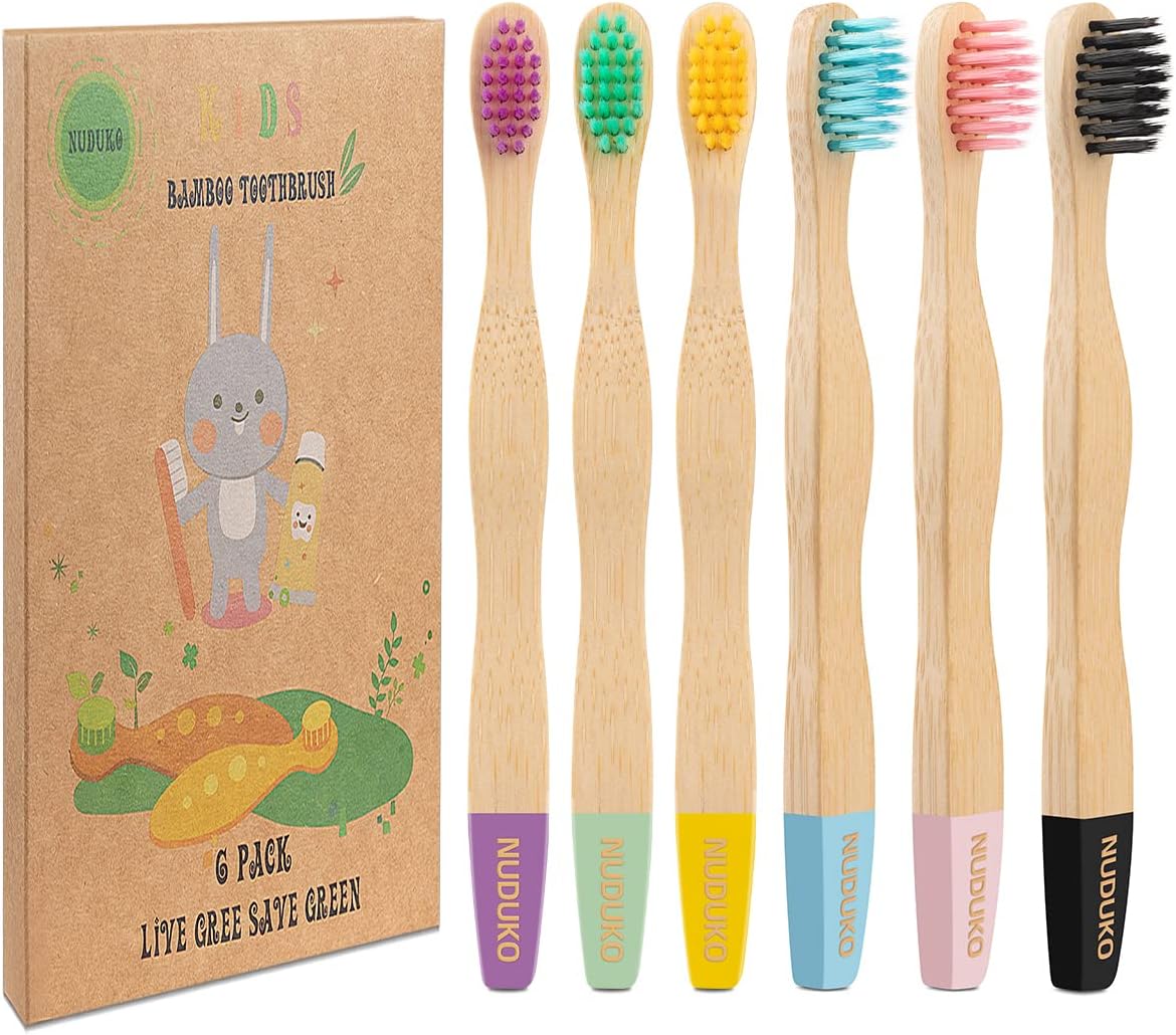 NUDUKO Kids Toothbrush Bamboo Toothbrushes 6 Pack - Organic Compostable Tooth Brush Wooden Baby Toddler Toothbrush, Eco-Friendly Natural Biodegradable Soft Bristle Toothbrush for Children