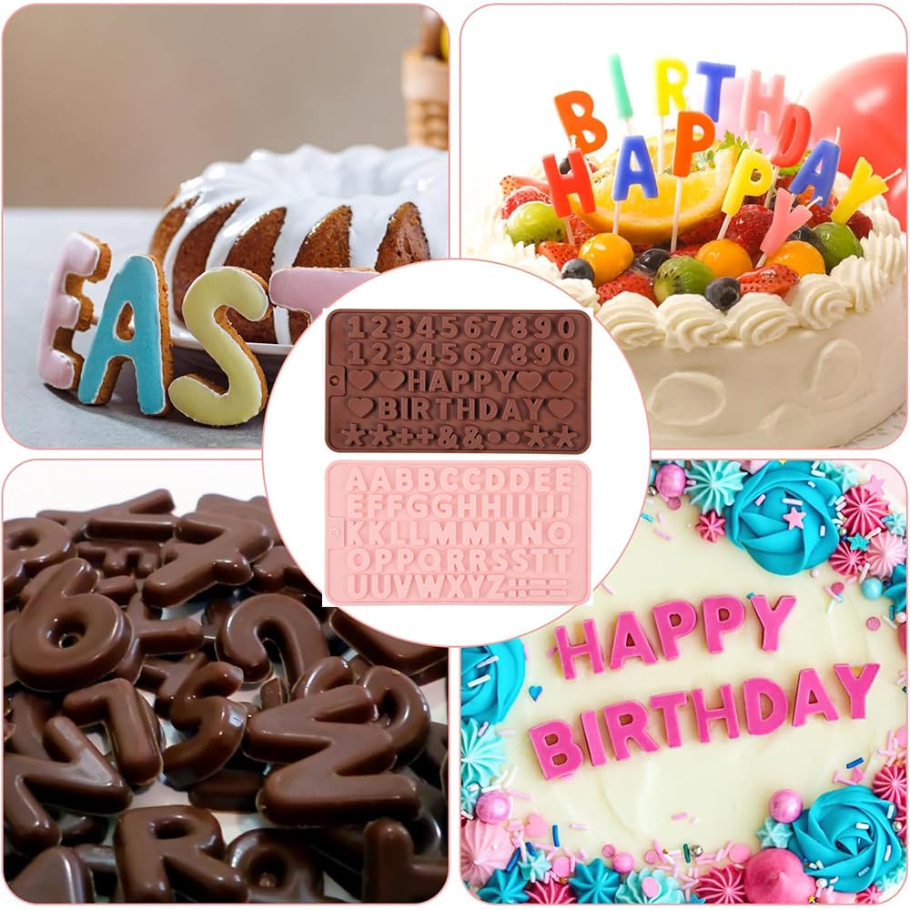 Juego de 2 moldes de silicona con letras y números para chocolate, con símbolos de feliz cumpleaños, moldes de silicona para decoración de tartas de cumpleaños, horneado y bricolaje