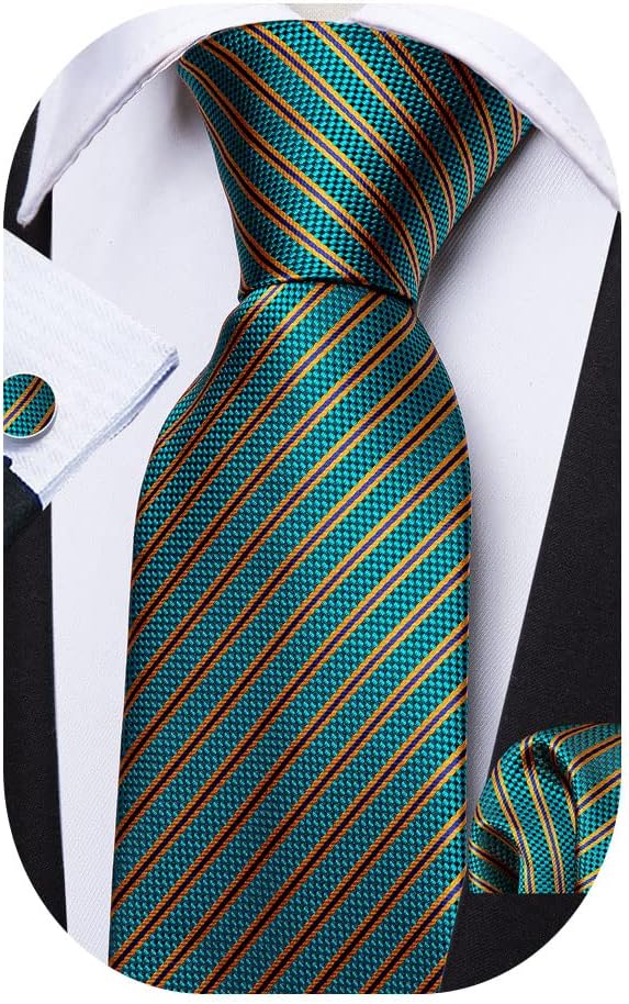 Barry.Wang Fashion Man Tie Set Green Stripe Woven Necktie Pocket Square Handkerchief Business Engagement
