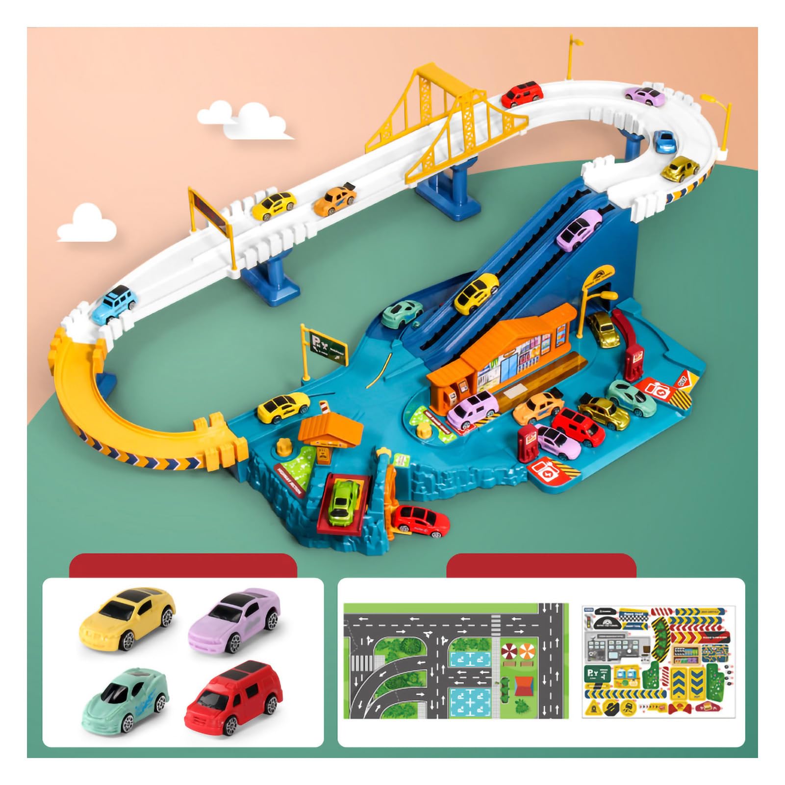 Rieles de Coche de Juguete, Pista de Aventura Flexible para Niños Pequeños, Juego de Vehículos Eléctricos, Regalo (Caja de Color de autopista (estándar para 4)
