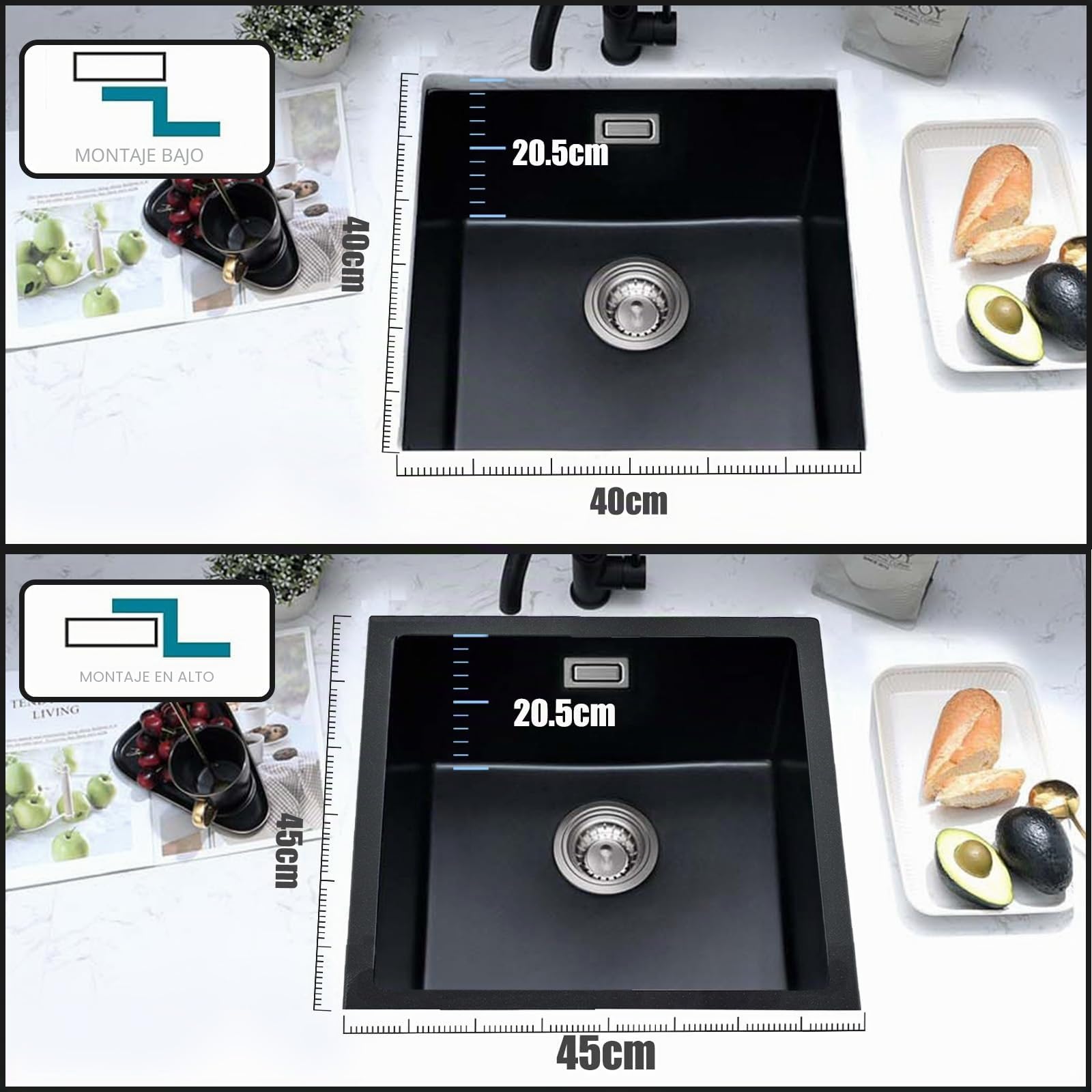 Fregadero Cocina 45x45 cm, Fregadero Bajo Encimera Granito, Negro | Compatible Instalación Empotrada y bajo Encimera, Incluye Rebosadero y Desagüe, Apto para Cocinas, Barras