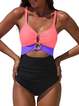 popvil One Piece Swimsuit for Women 2025 Sexy Neon Swim Suits Cut Out Tummy Control Bathing Suit Braid Color Block Swimwear