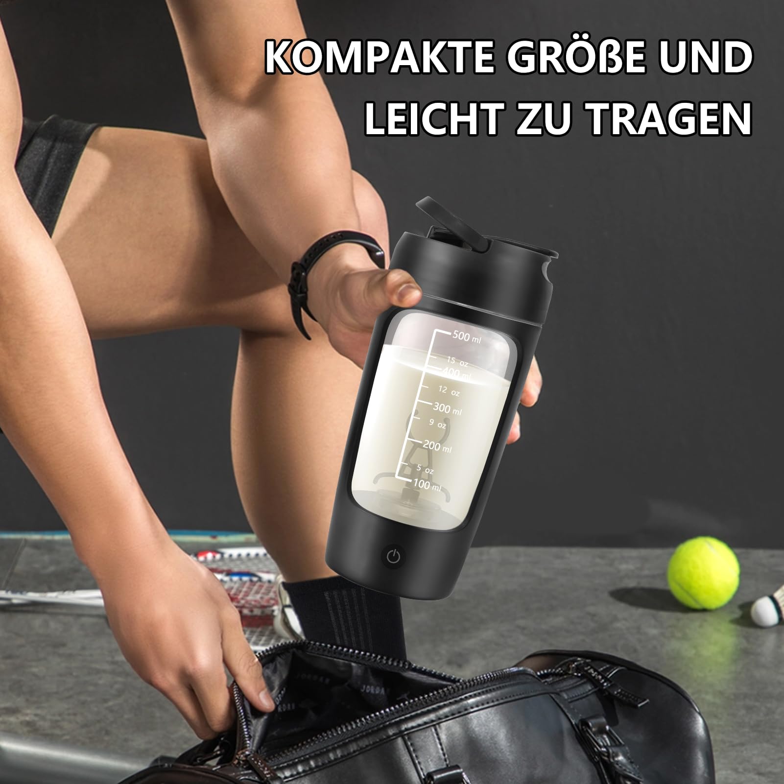 SOARFLY Shaker Elektrisch, 650ML Elektrischer Shaker mit Pulverfach, Eiweiß Shaker Elektrisch für Potein Pulver und Milchshake, BPA-freier, USB-C aufladbar, Schwarz
