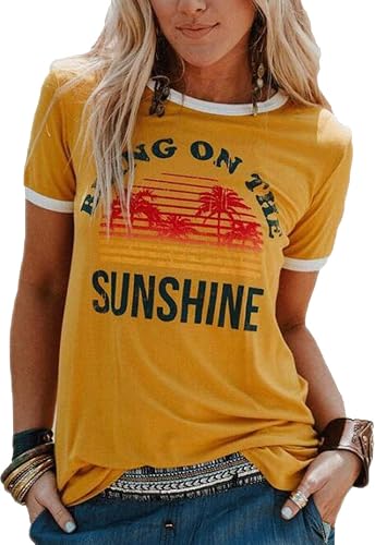 Tomteamell Womens Bring ON The Sunshine Graphic Tees Letter Casual T-Shirt - Lake Blue