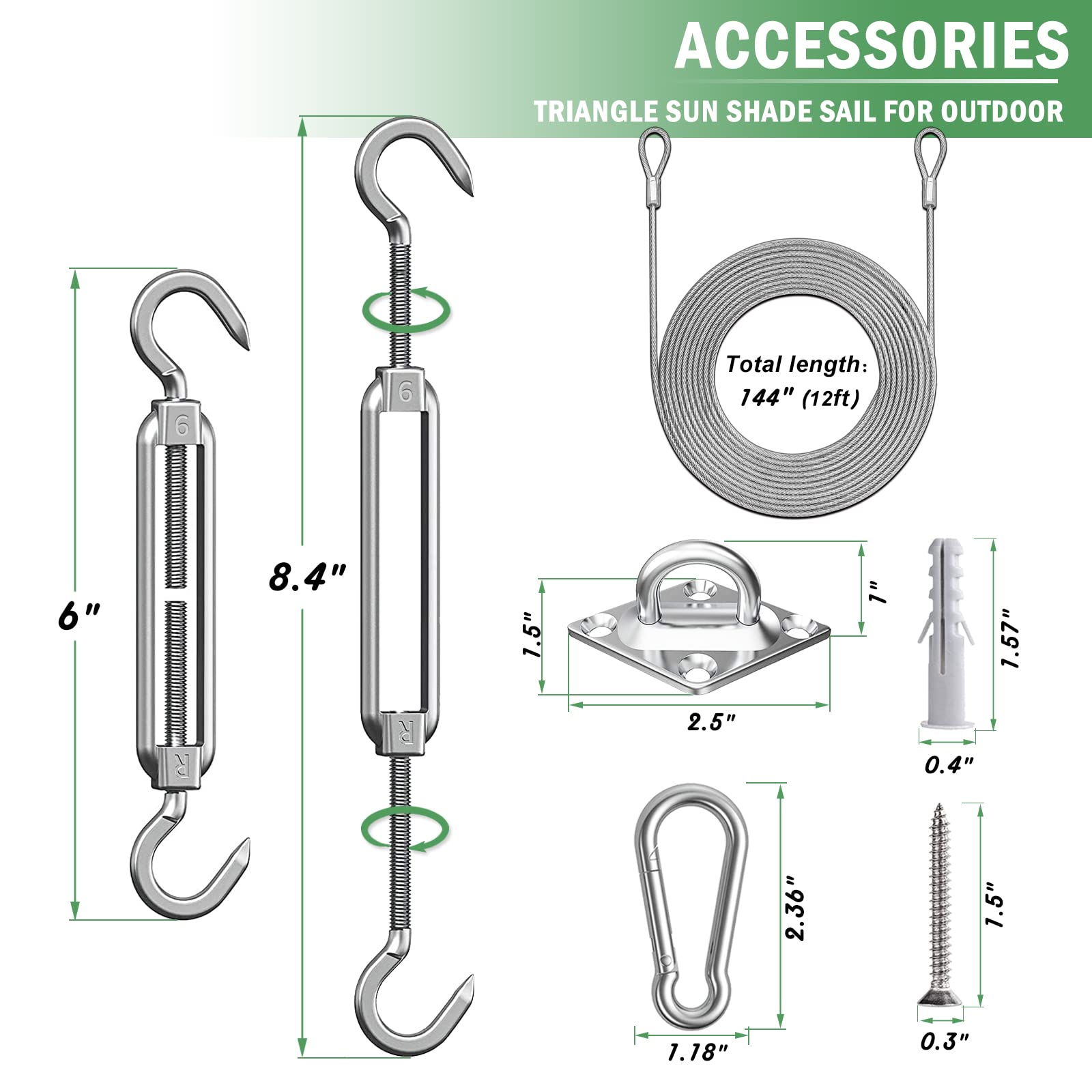 ShadeMart Sonnensegel-Hardware-Kit Aus Edelstahl 316 – 25,4 Cm Spannschloss, 33 Teile Für Dreieck-Sonnensegel