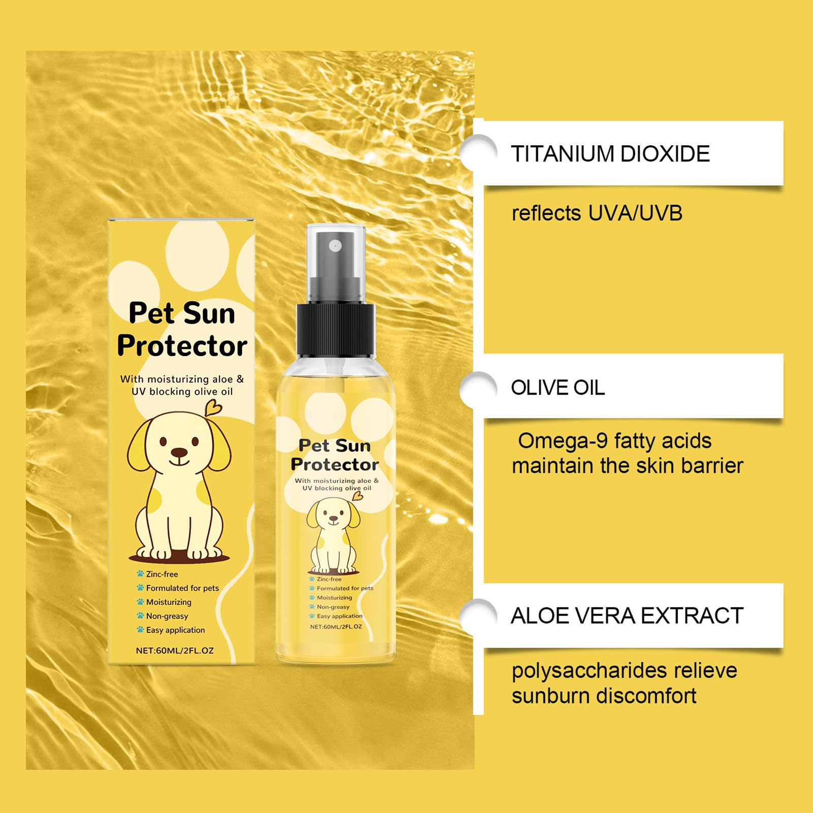Solare per Cani Spray di Protezione Solare Naturale Idratante per Animali Domestici Forniture per Gatti attività all'aperto Giorni Caldi