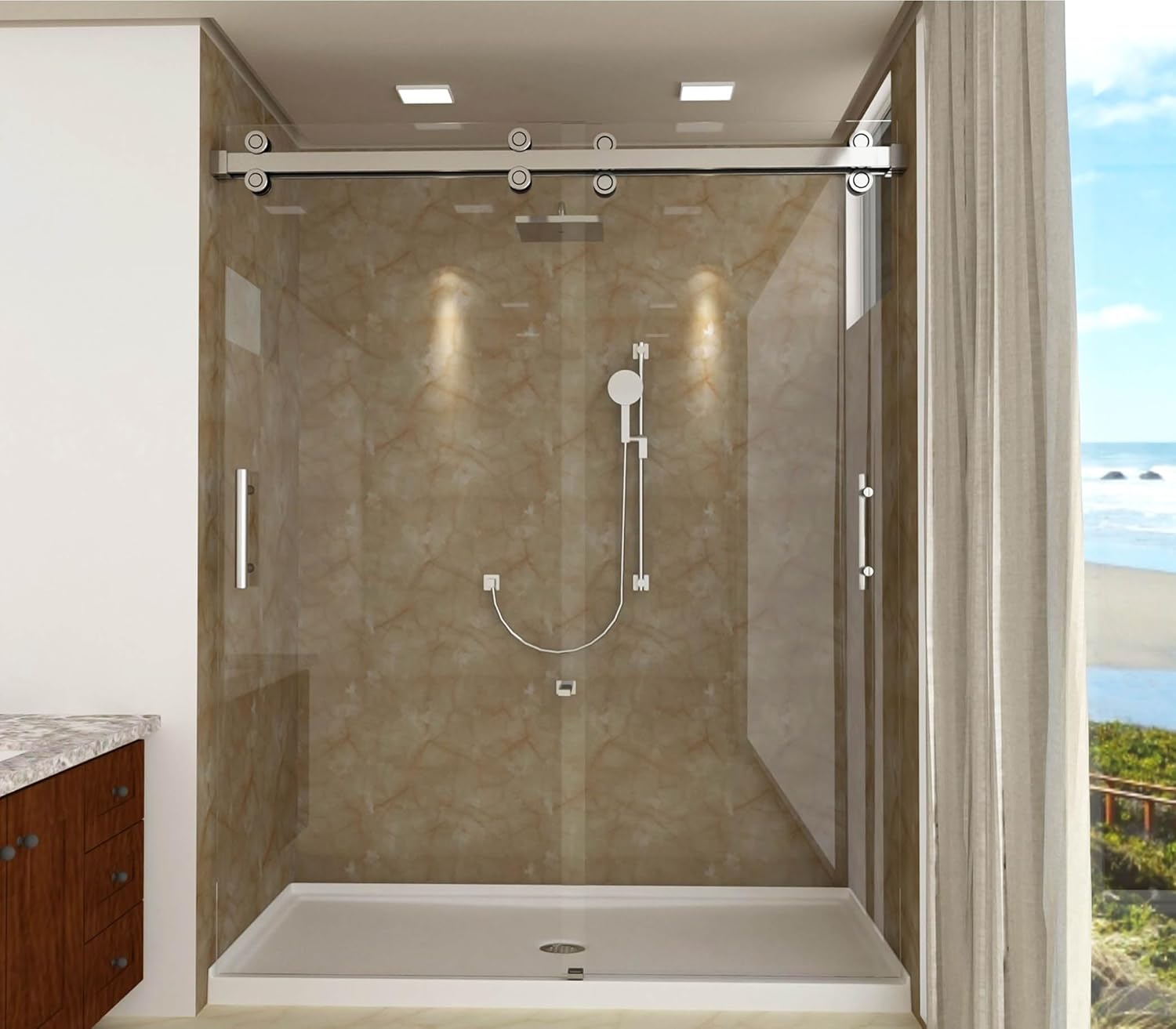 Isabella Frameless Shower Doors 56.5-60" Width x 78" Height with 3/8" (10mm) Clear Tempered Glass (Brushed Stainless - Handles)
