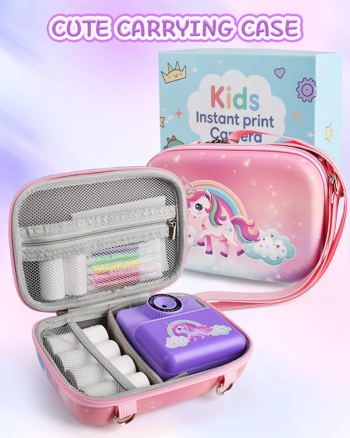 Kids Camera Instant Print, Jusvenmt Christmas Birthday Gifts for Toddler Girls Boys Age 3-12, Dual Lens 1080P Selfie Digital Camera with 5 Roll Color No-Ink Print Paper 32GB SD Card & Bag- Purple