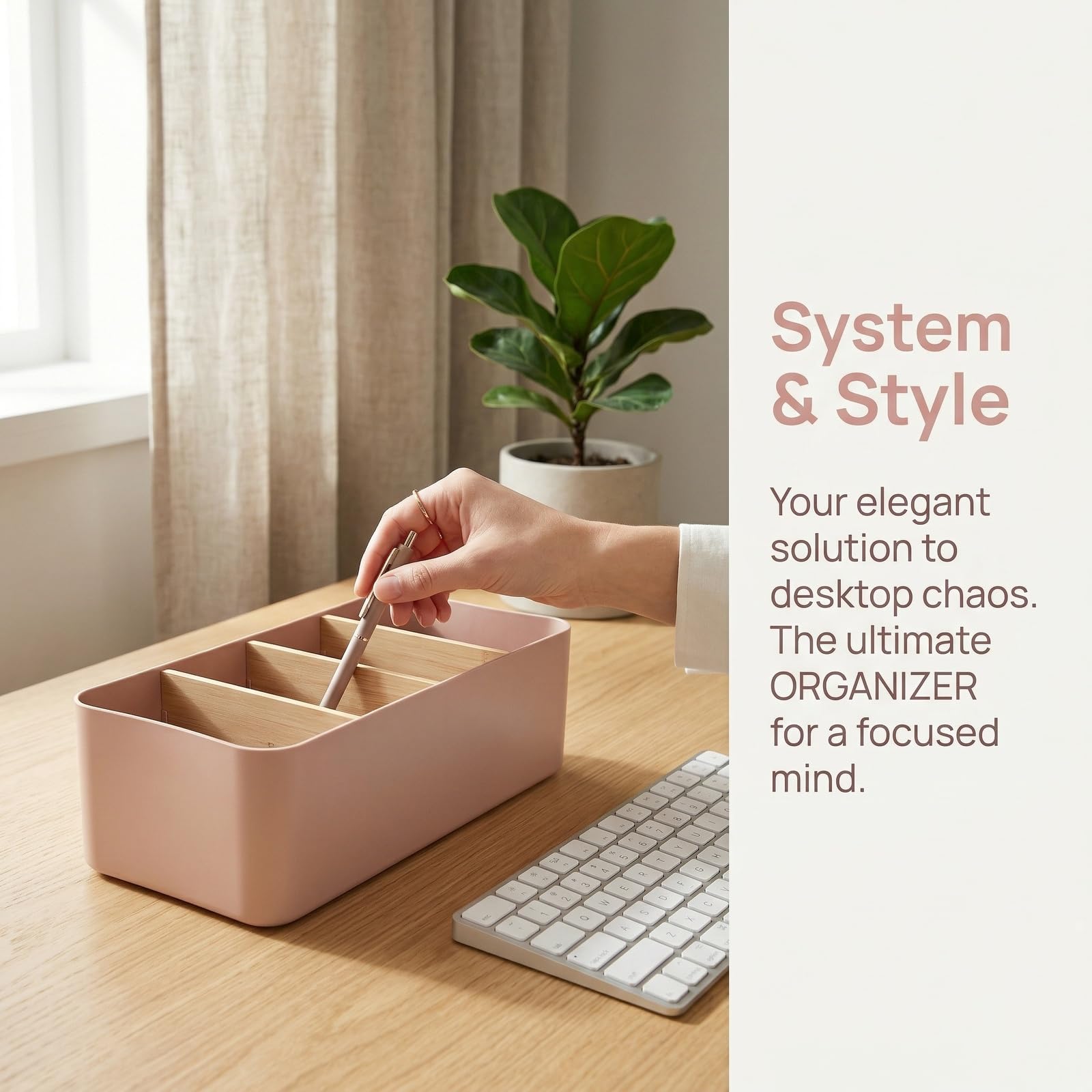 Schreibtisch Organizer, 4 Fächer Stiftehalter Bambus, Büro Organizer, Aufbewahrungsbox Desk Organizer für Stifte, Kosmetika (Rosa)