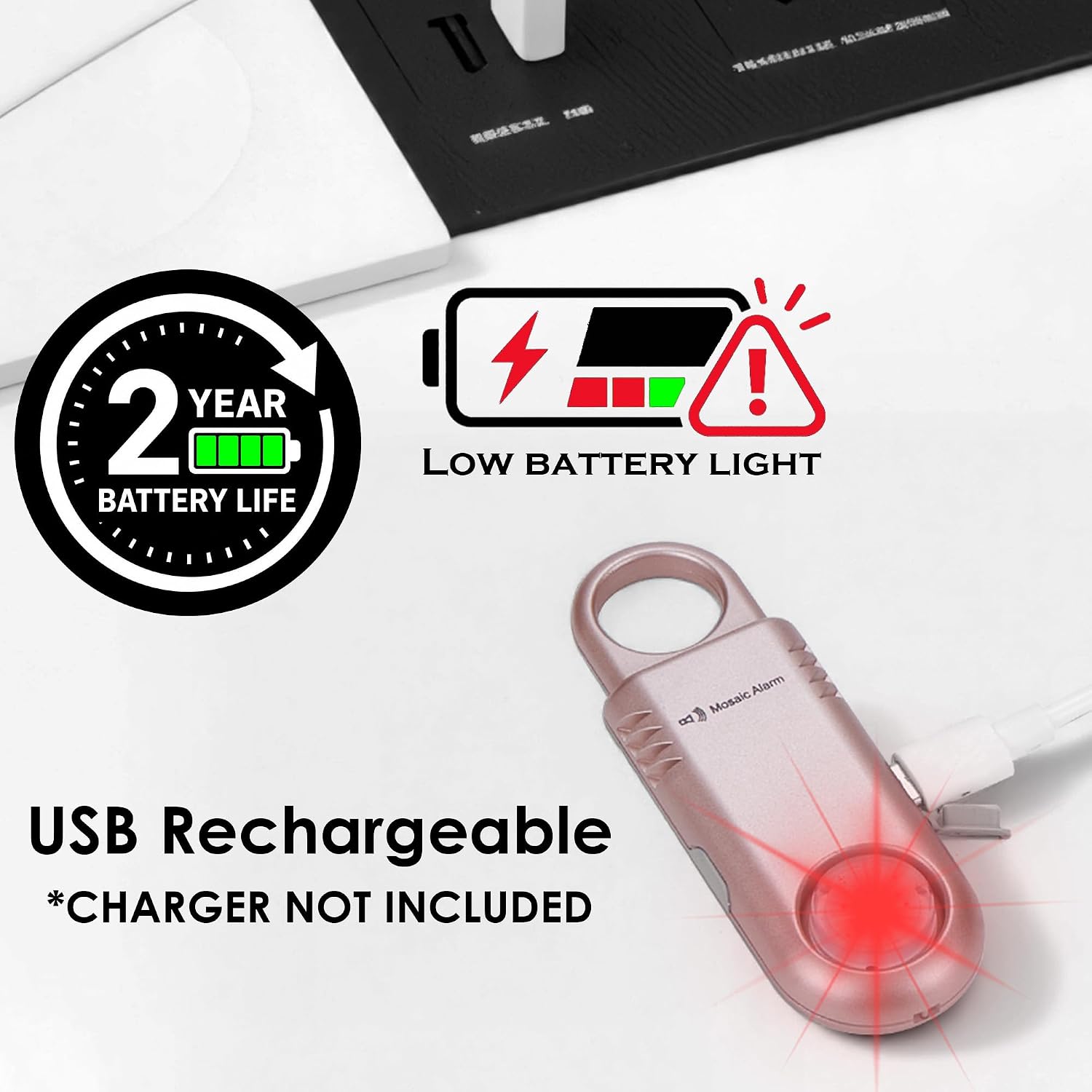 135dB Rechargeable Personal Safety Alarm Built-in Ultra-Bright Flashlight Non Slip Grip Keychain Emergency SOS Siren for Women, Students, Night Runner. Loud Sound Hiking Bear Alerts Hook. Rose Gold