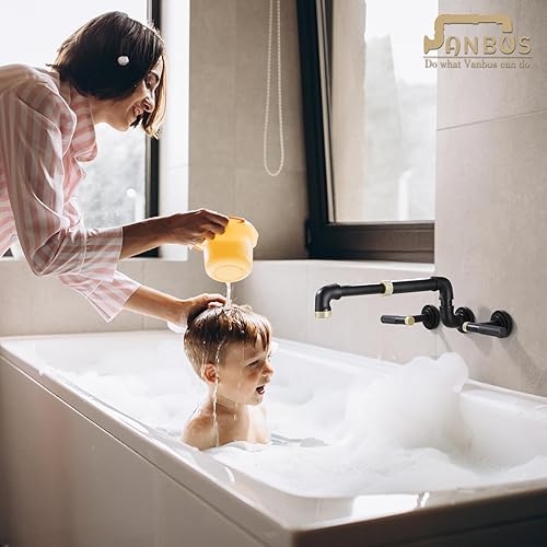 Miniatura 6 de Grifo de lavabo de baño montado en la pared, extensible y giratorio, grifo de pared dorado de 3 agujeros para granja, cámper, lavandería, UTV Rv,