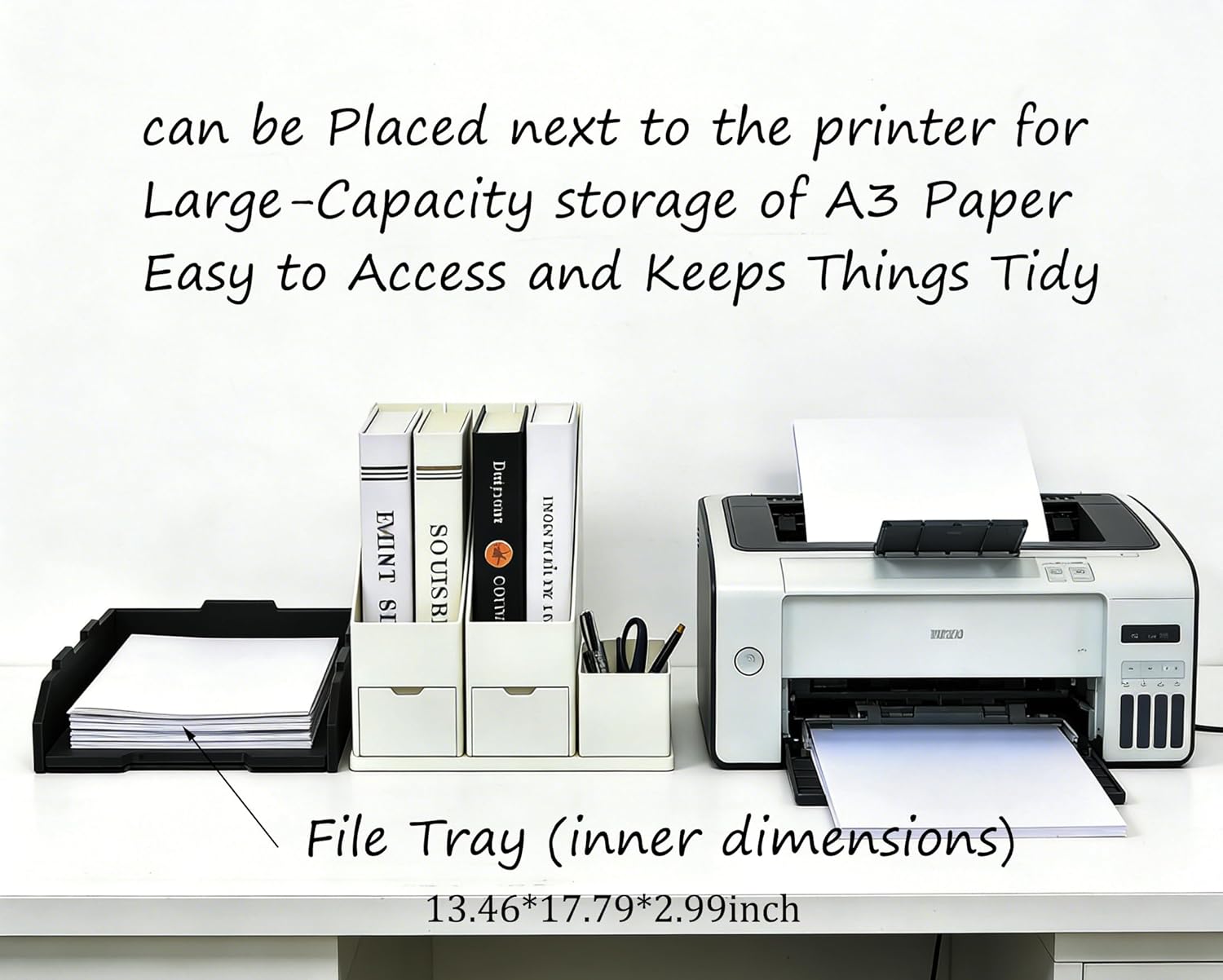 A3 Wooden File Tray, 11.7" x 16.5" 3-Tier Storage Rack, Vertical Deep Desk Organizer, Sturdy & Modern Black Desktop Organizer, Easy Assembly, Stackable Paper Tray for Home, Office, School