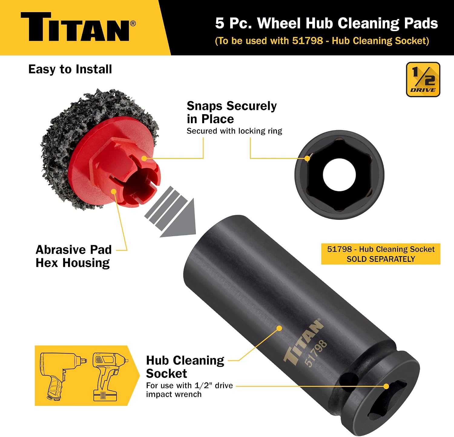 Titan 51799 5-Piece Wheel Hub Cleaning Pads Set, For use with Titan 51798 1/2-Inch Drive Impact Socket