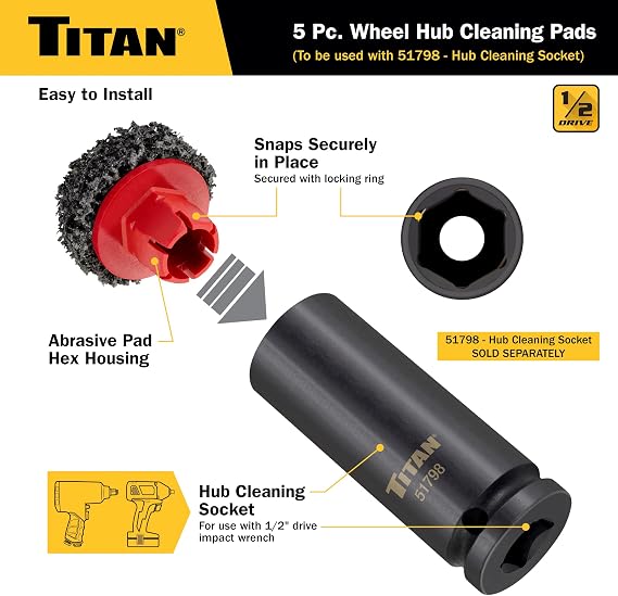 Titan 51799 5-Piece Wheel Hub Cleaning Pads Set, For use with Titan 51798 1/2-Inch Drive Impact Socket