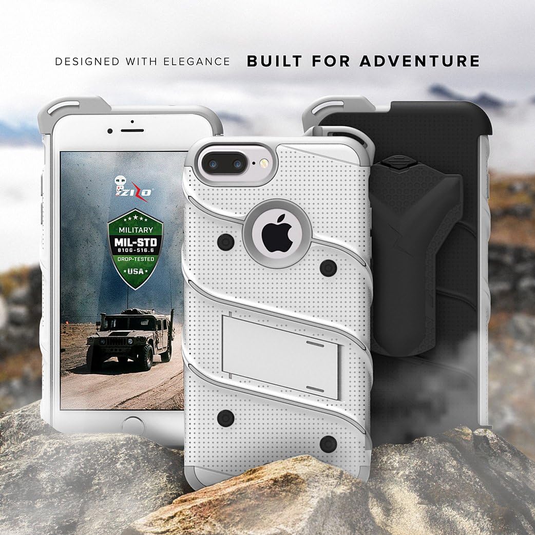 iPhone 8 Plus Case / iPhone 7 Plus Case - Zizo [Bolt Series] w/[iPhone 8 Plus Screen Protector ] Kickstand [Military Grade Drop Tested] Holster Clip White/Gray