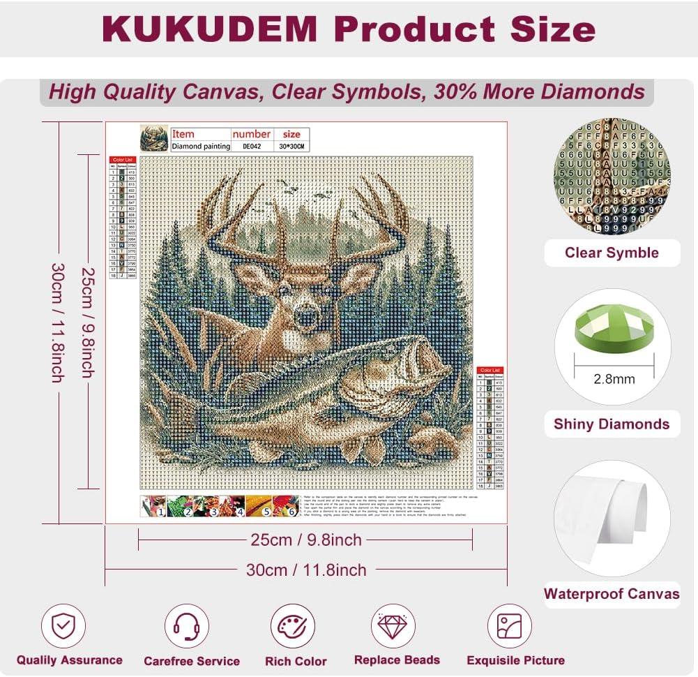 KUKUDEM Deer and Trout Fish Diamond Painting Kits for Adults, Diamond Art Kits for Beginners, 5D DIY Full Drill Gem Craft for Home Decor Gift 12x12inch
