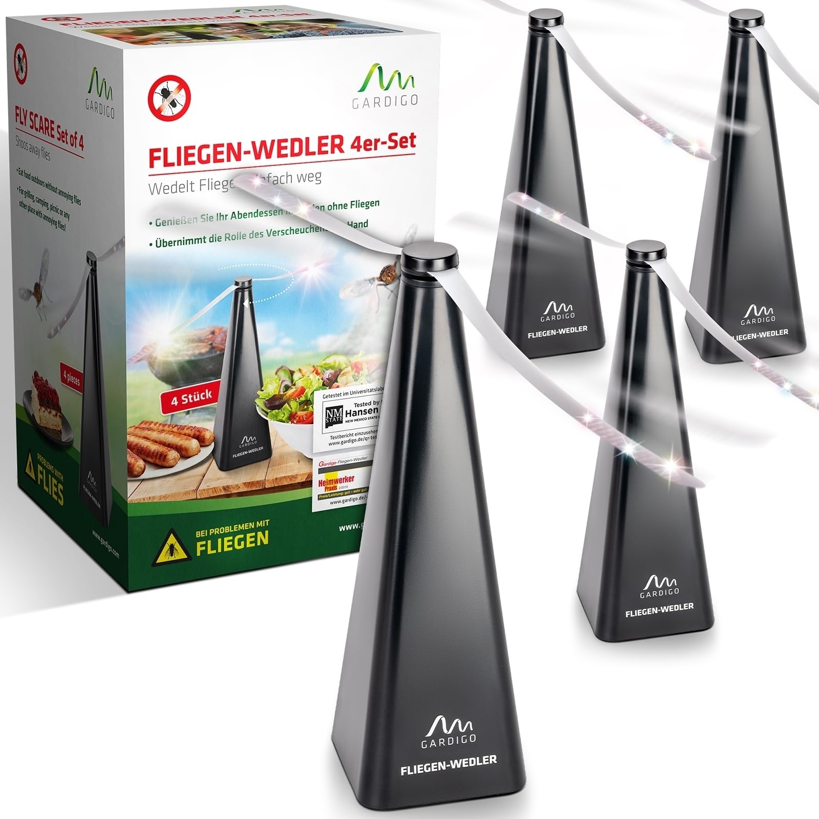 GARDIGO Fliegenwedler 4er Set – Lebensmittel schützen Fliegen verscheuchen | Fliegenabwehr für Tisch, Garten, Terrasse, Restaurant. Insektenschutz, Insekten Vertreiber, Fliegenvertreiber.