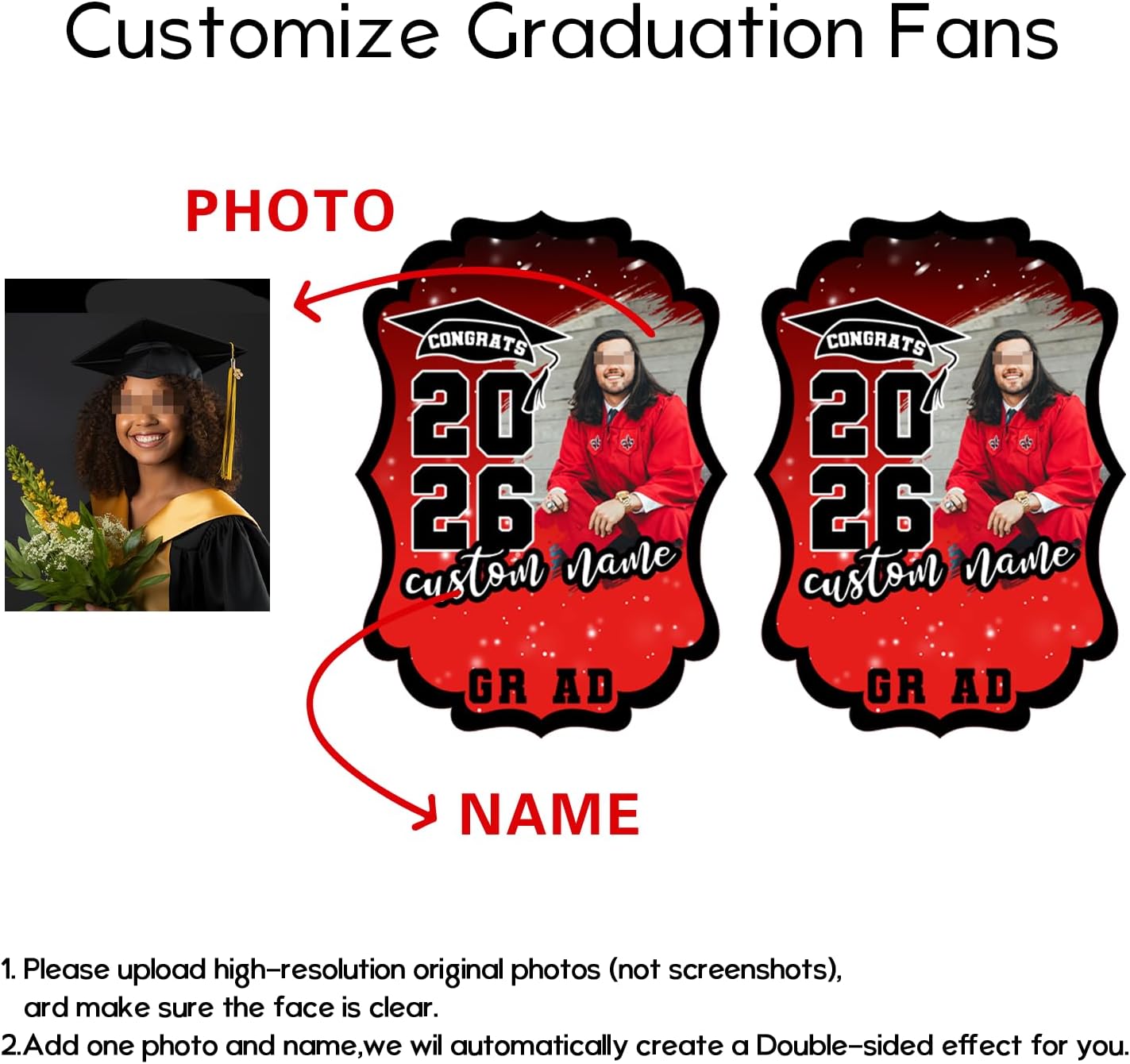 Personalized Graduation Double Sided Face Fan Class of 2026 Customized Graduation Head Face Cutout Party Supplies(Red,12pcs)
