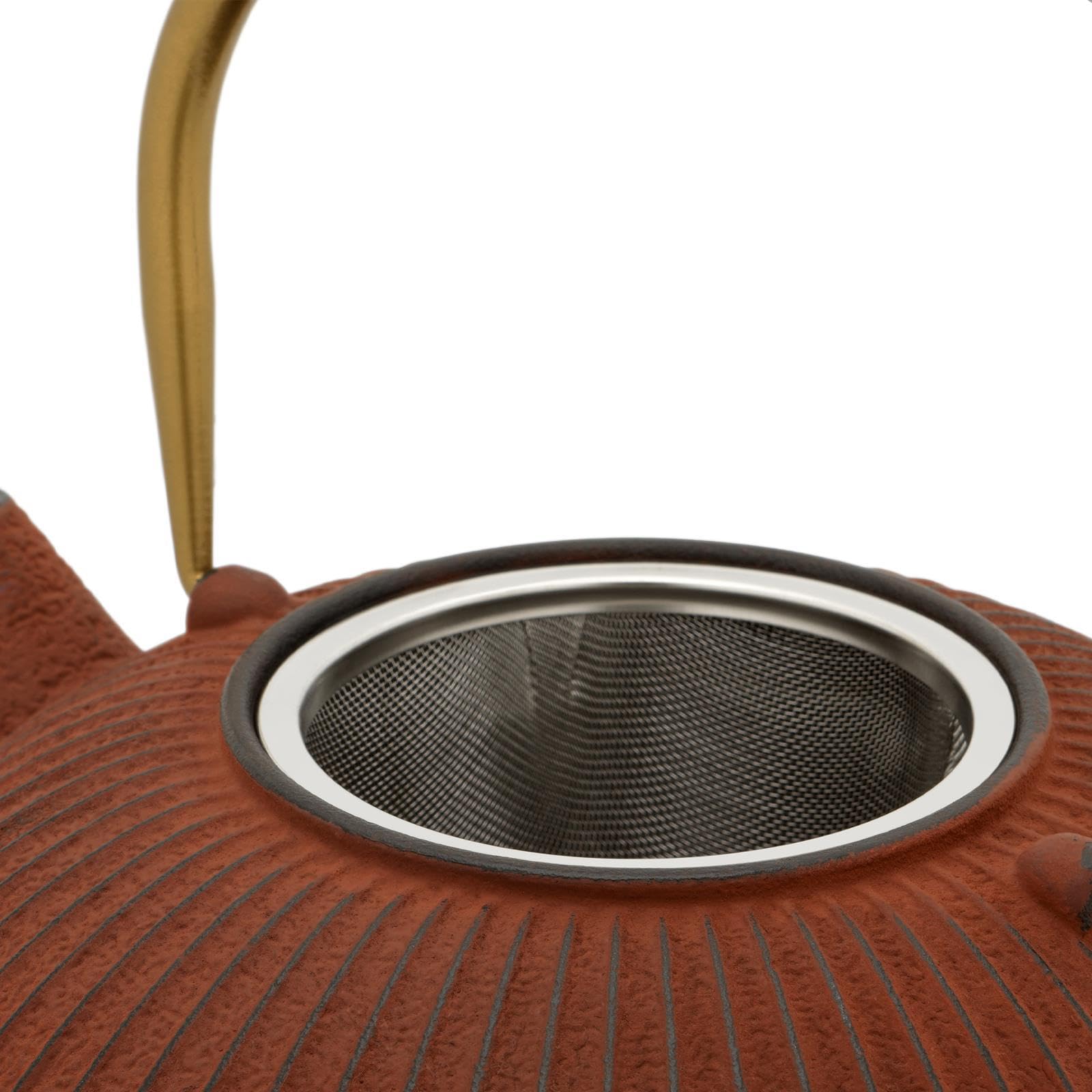 Bredemeijer rote flache Teekanne 1.1 Liter Gusseisen - Gusskanne Set im asiatischen Design & Edelstahl Tee-Filter Sieb-Einsatz für losen Tee & Teewärmer