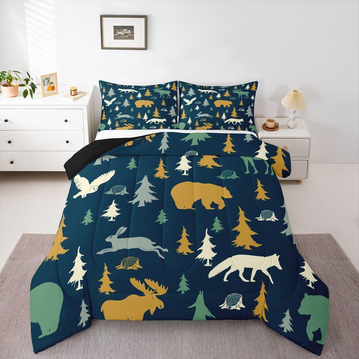 Feelyou Moose Fox Comforter Set Twin Size Soft Kids Nature Woodland Wild Animal Bedding Set with Pillow Case Farmhouse Bear Bathroom Lightweight Breathable Comforter - Image 4