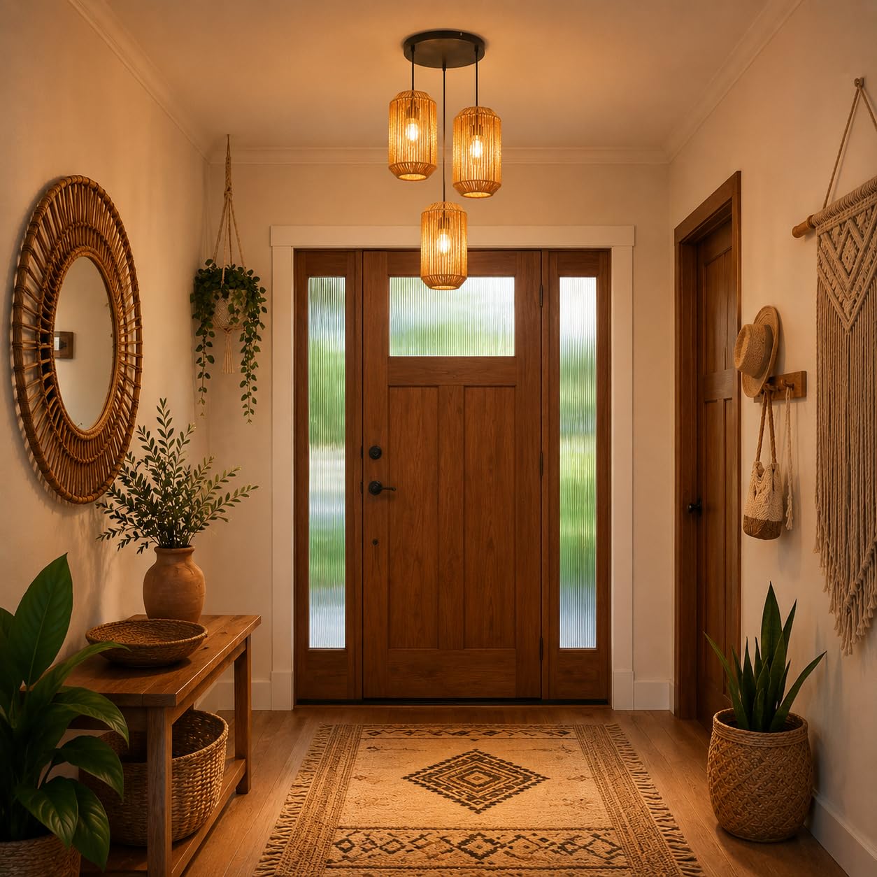 Lámpara Colgante Boho de Ratán, Altura Ajustable, 3 Luces, Diseño | Retro con Casquillo E27 para Comedor, Salón, Dormitorio y Cocina (Sin Bombillas Incluidas)