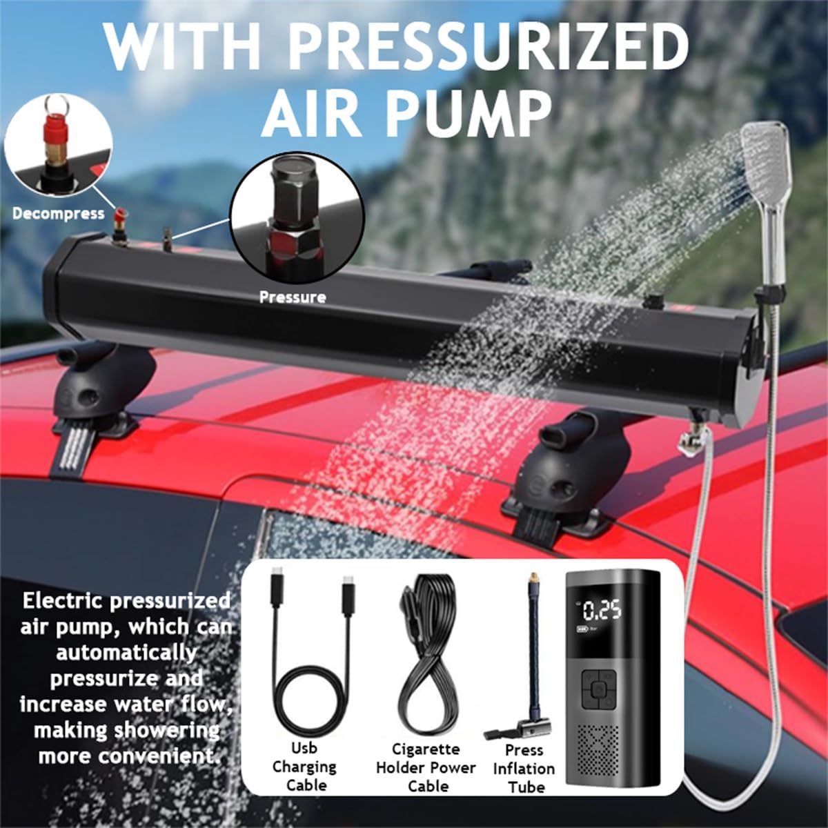 Doccia Solare da Campeggio, Doccia da Strada con Montaggio su Portapacchi, Tubo dell'Acqua da 1,5 m e soffione, Serbatoio dell'Acqua autopressurizzato per Veicoli, Camion, berline, Camper