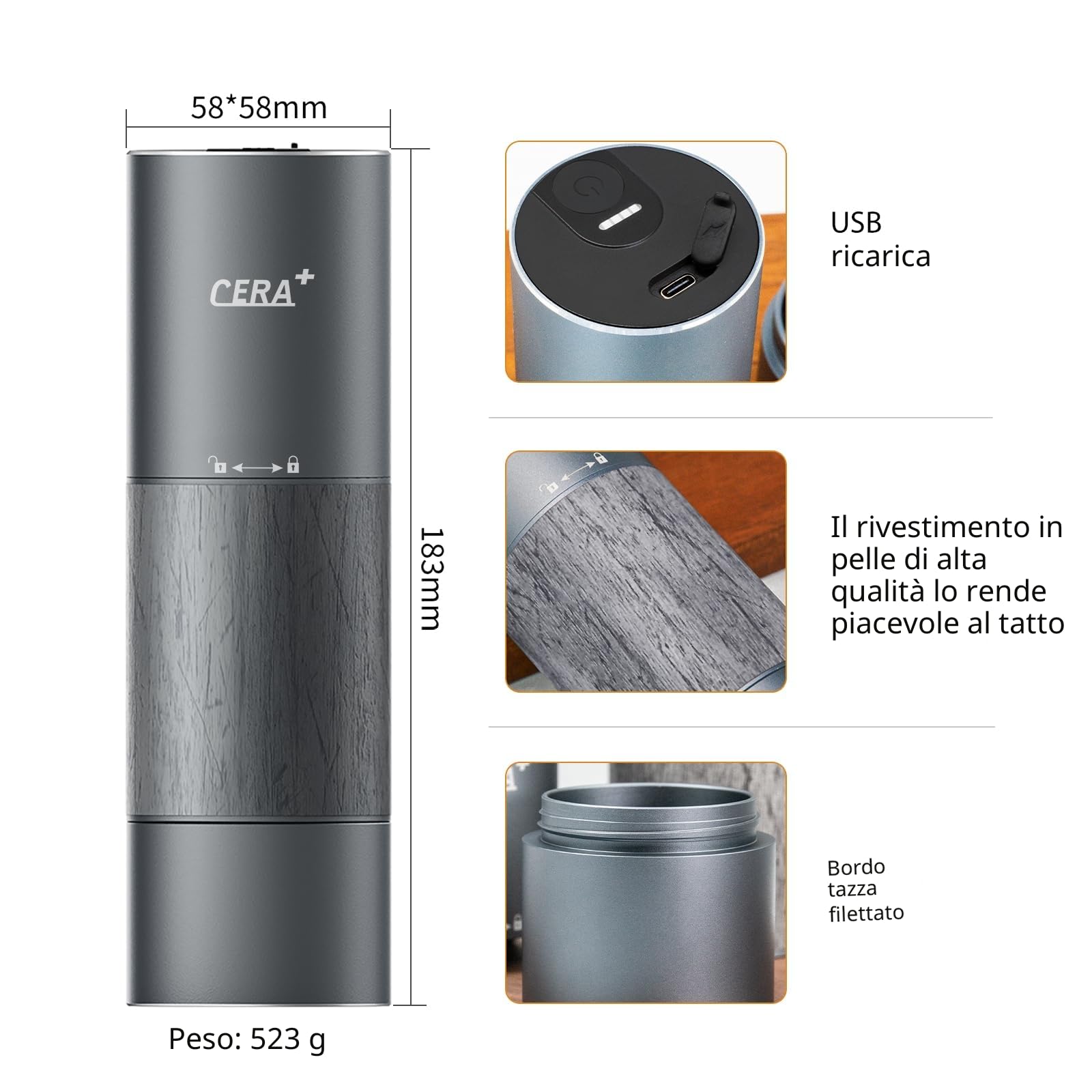 CERA + Macina Caffe Elettrico Con Custodia Per Il Trasporto, Piccolo Macinacaffè Professionale Per Caffè Espresso Per Casa, Viaggio