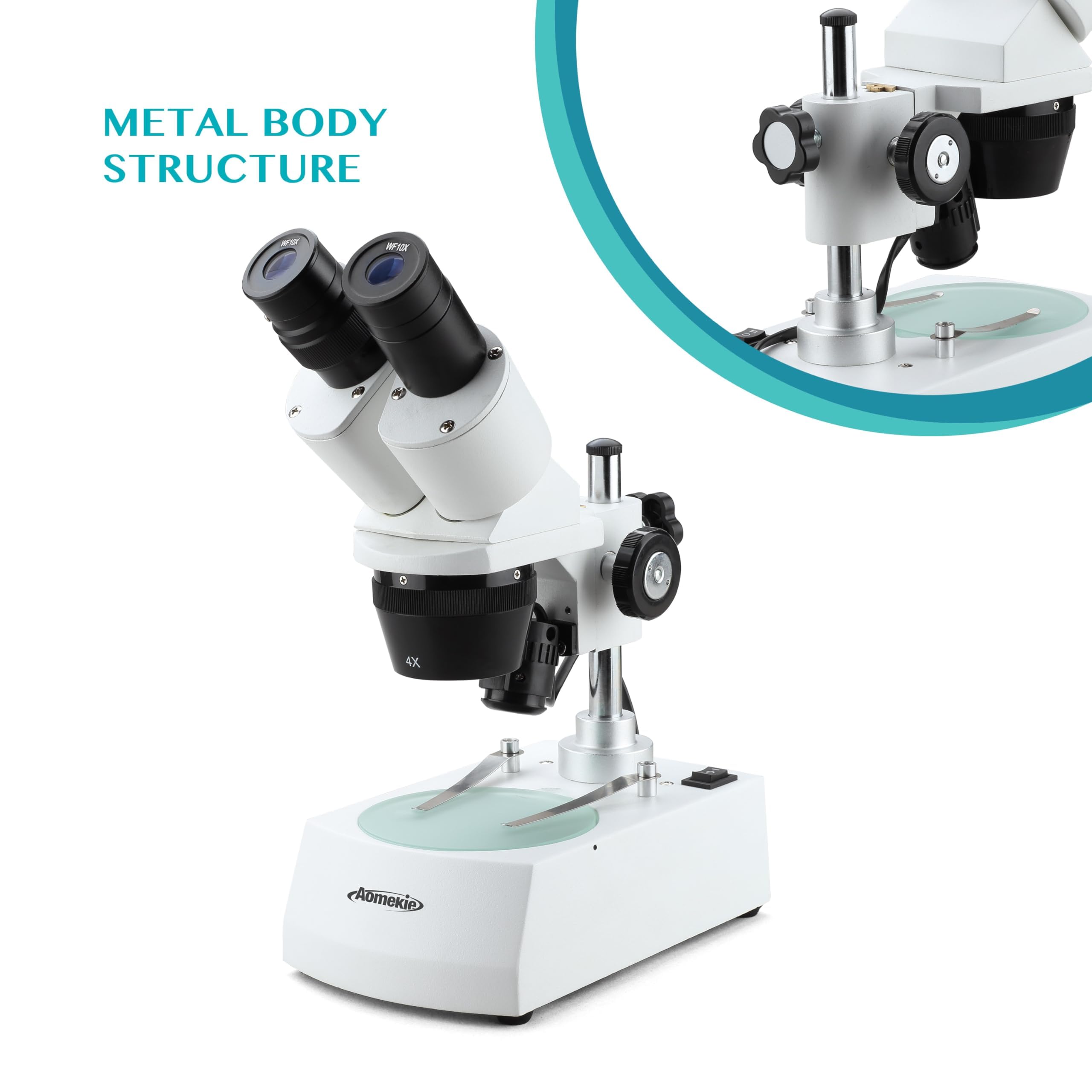 AOMEKIE Stereo Microscopio 20X/40X/80X Binoculare a Montaggio Frontale Oculari WF10X e WF20X, Obiettivi 2X e 4X Illuminazione LED Superiore e Inferiore Piastra Palcoscenico Reversibile Nero/Bianco.