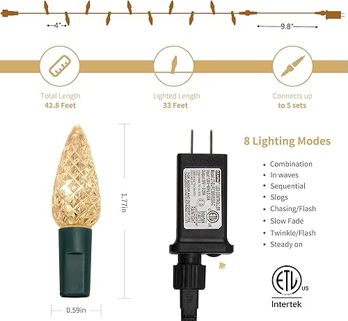 Miniatura 2 de WATERGLIDE Luces de Navidad C6, 33 pies, 100 luces LED facetadas, luces de hadas de alambre verde con adaptador seguro de 29 V, 8 modos