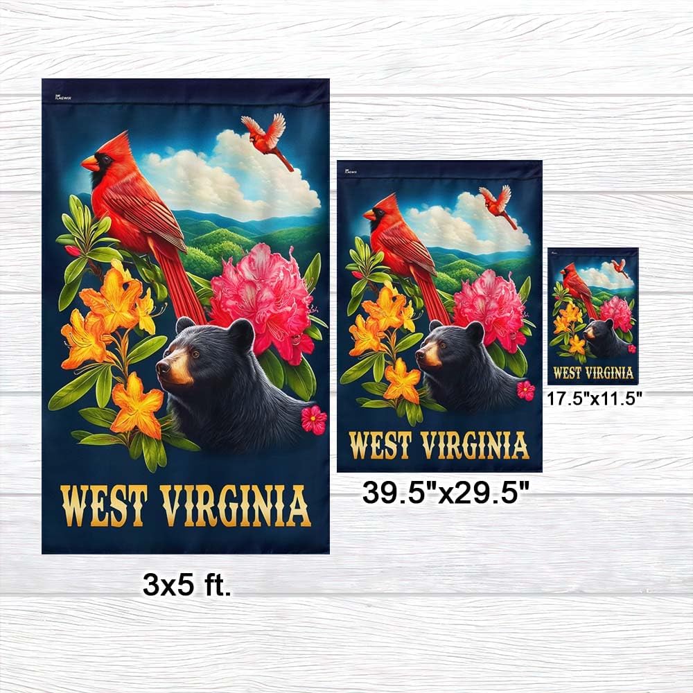 American Flag-West Virginia Black Bear and Cardinal and Rhododendron Flower Flag MLN2996F, Garden Flag (11.5" x 17.5")-USA Flags Premium Polyester-Decorative Indoor Outdoor Flag