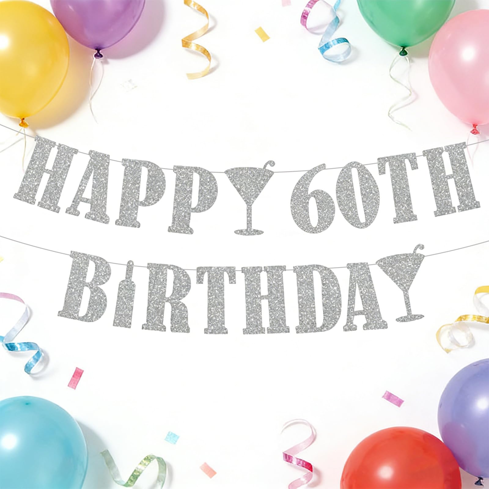 60th Birthday Decorations Silver Glitter Banner - Easy Install Happy 60th Birthday Sign for Adult Milestone Celebration Party Supplies