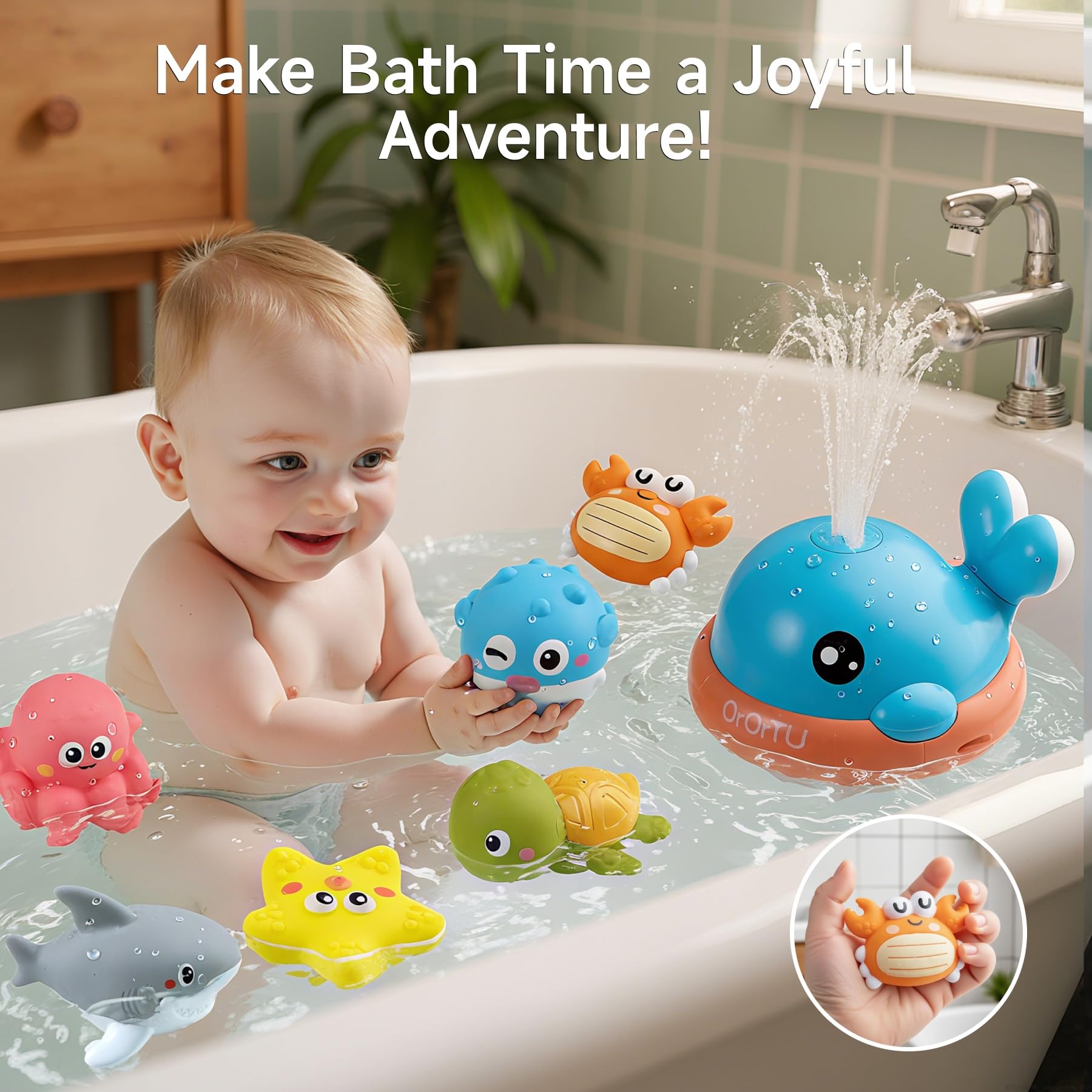 OR OR TU Giocattoli Bagnetto per Bambini Balena Spruzzatrice, Giocattoli da Bagno Luminosi con 6 pezzi Animali Galleggianti Senza fori, Giocattoli da Vasca da Bagno Età 18 mesi Giocattoli